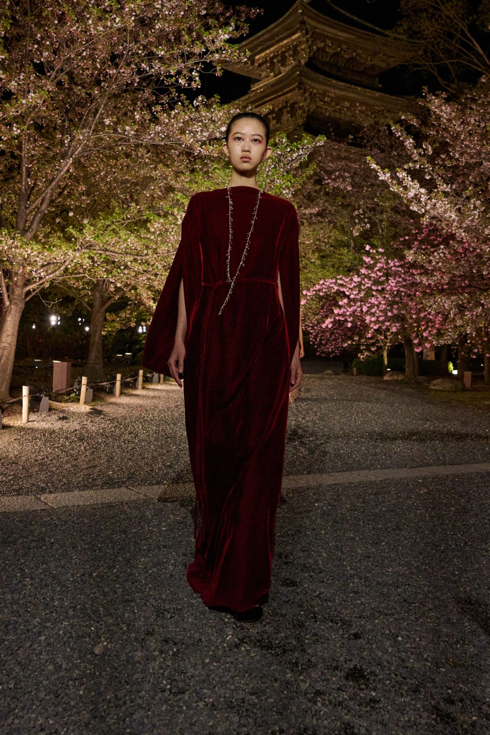 red velvet long-sleeve gown