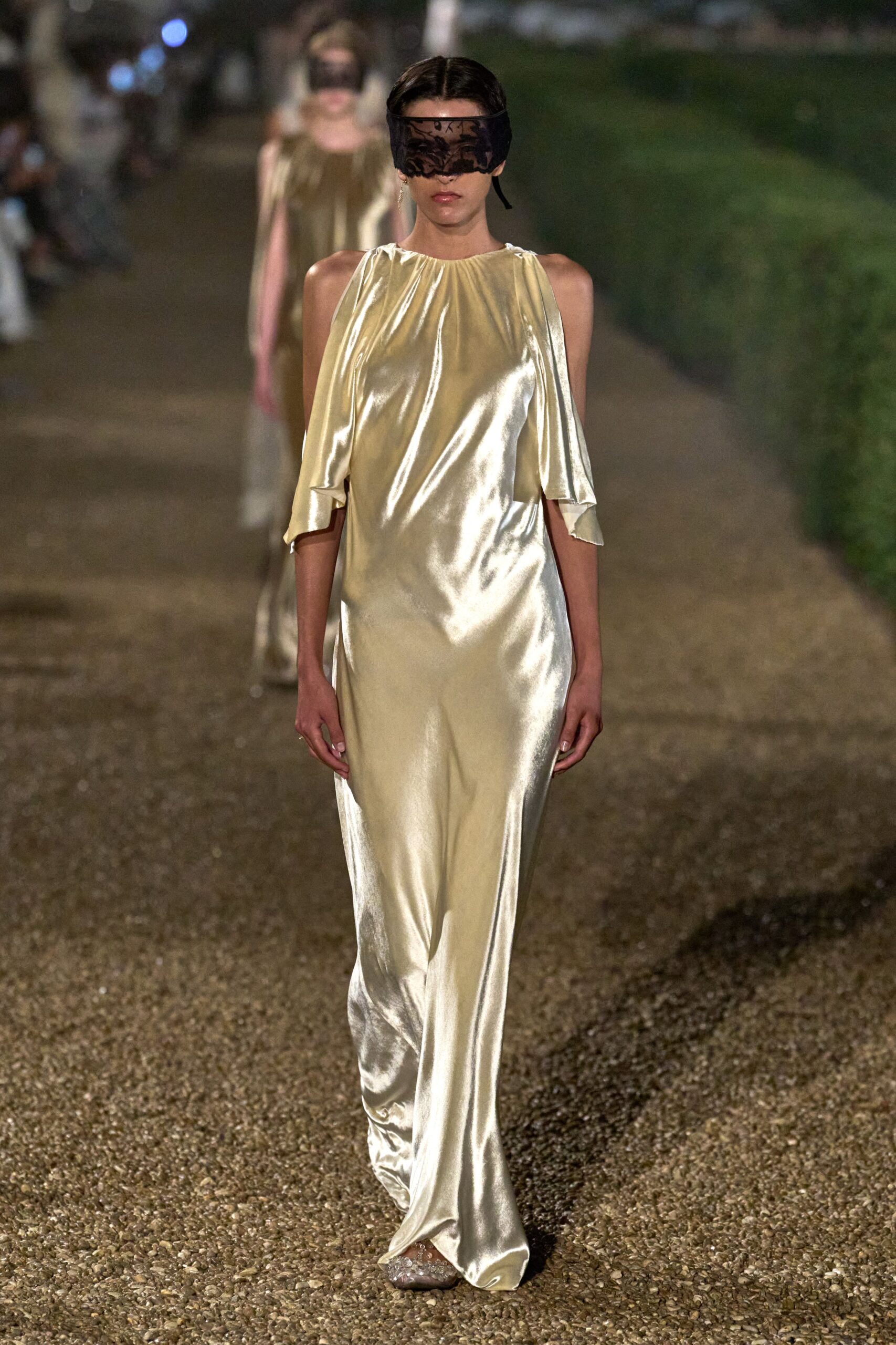 gold silk off-shoulder gown