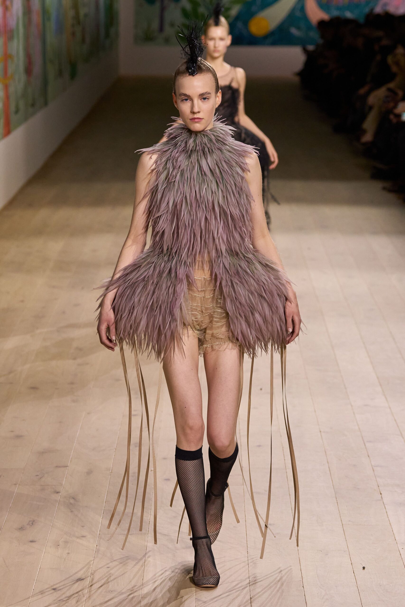 purple feather top with shorts