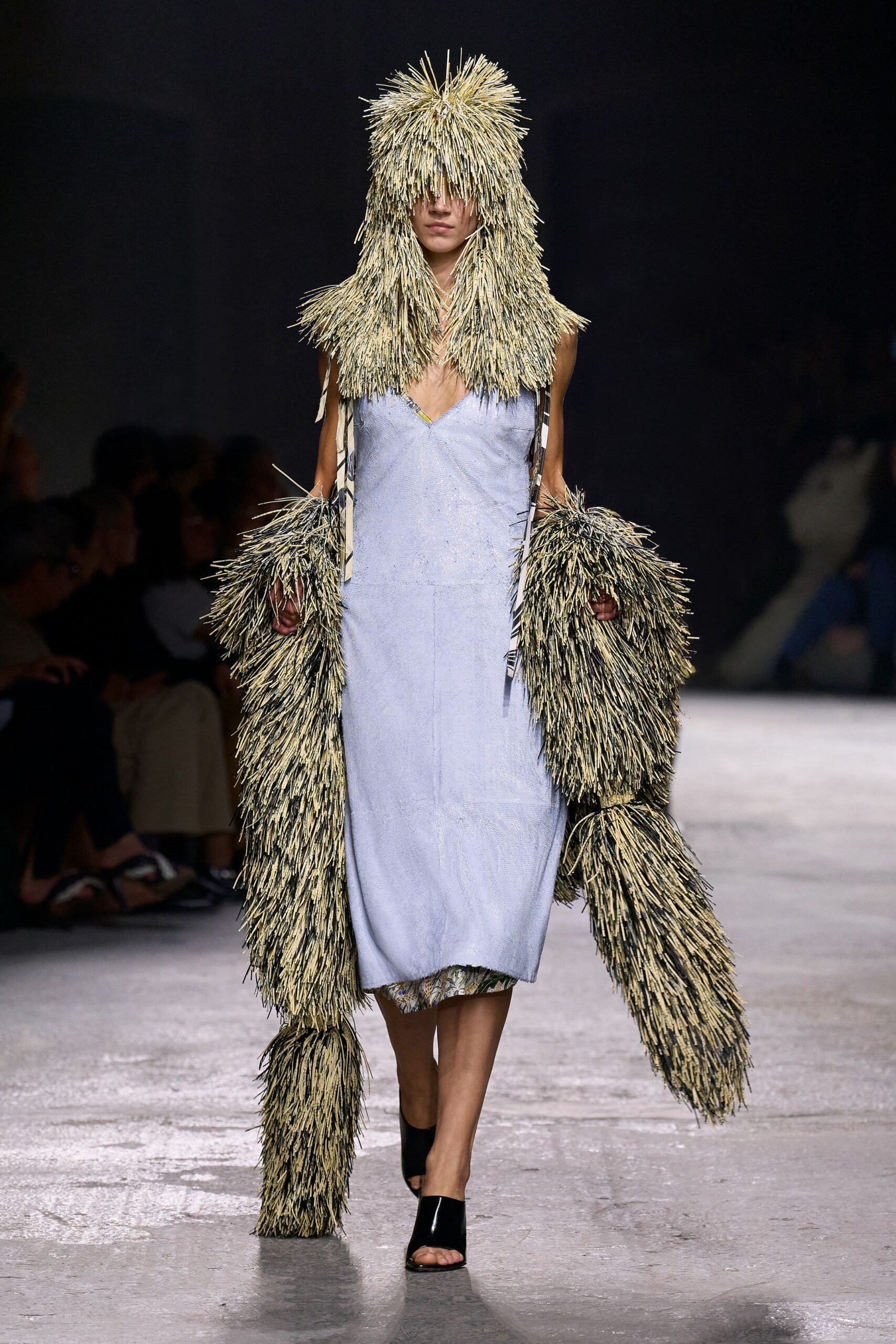 blue silk sleeveless dress with fringed coat