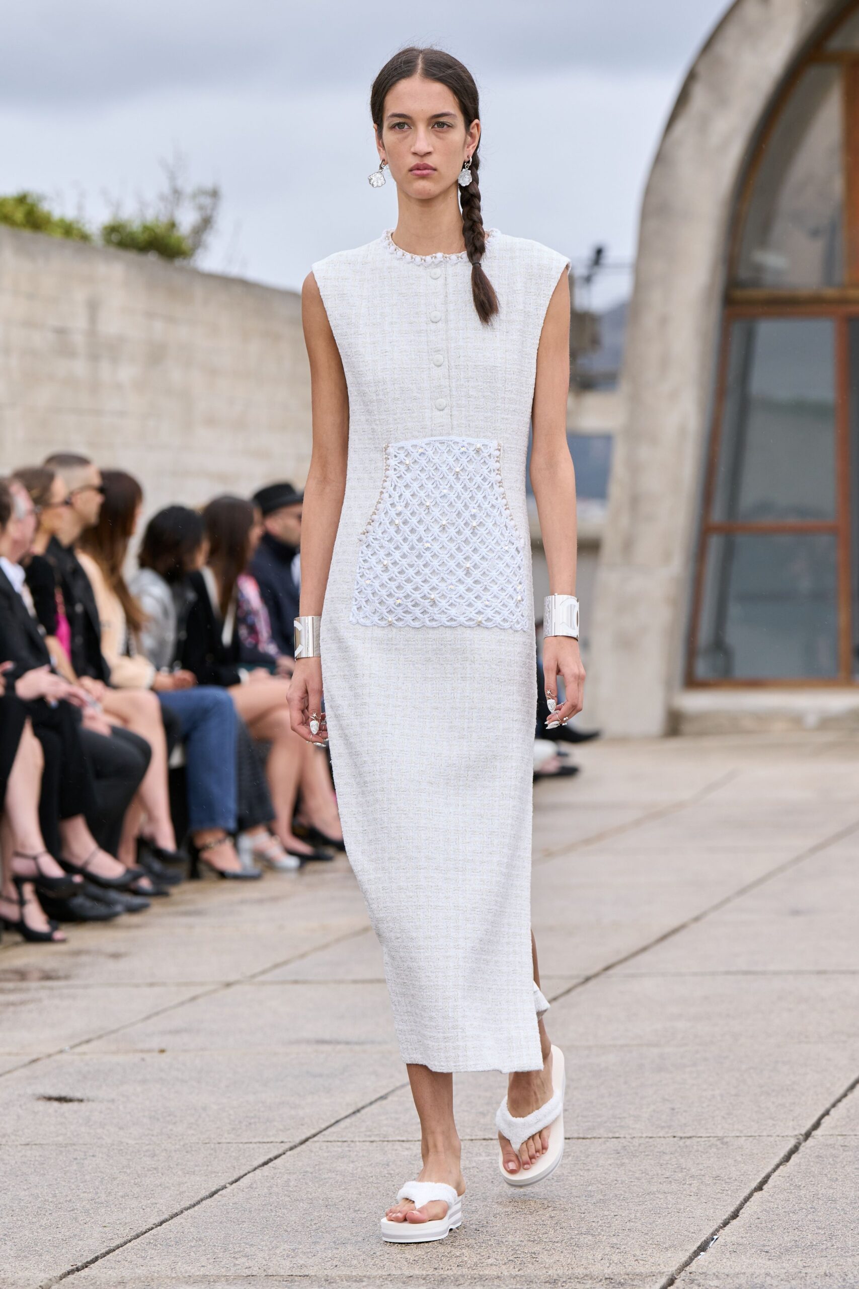 white cotton sleeveless collared fitted buttoned pockets dress