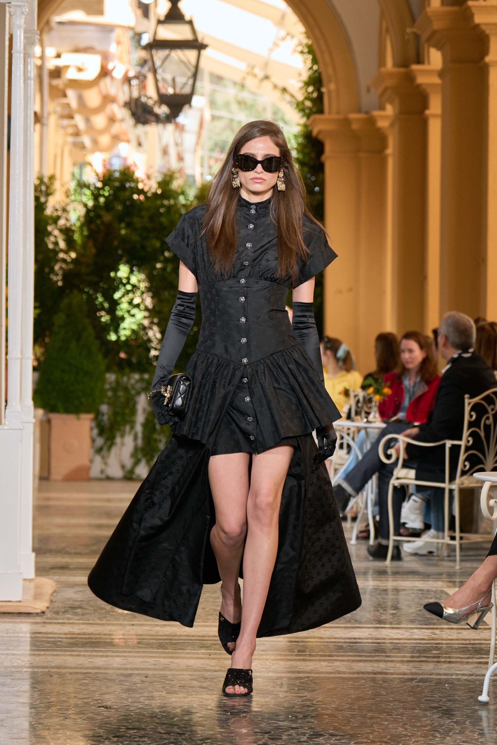 black silk short-sleeve high-neck fitted buttoned layered dress