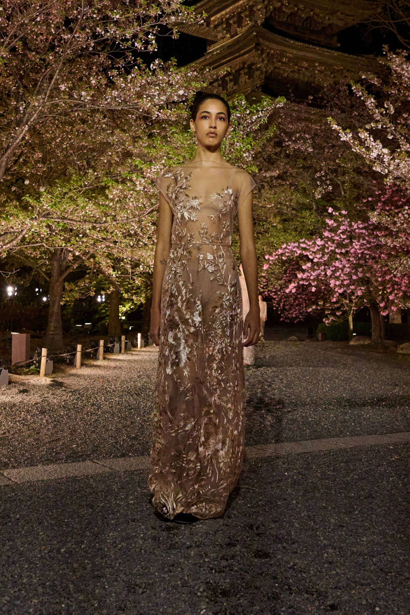 beige silk sleeveless gown