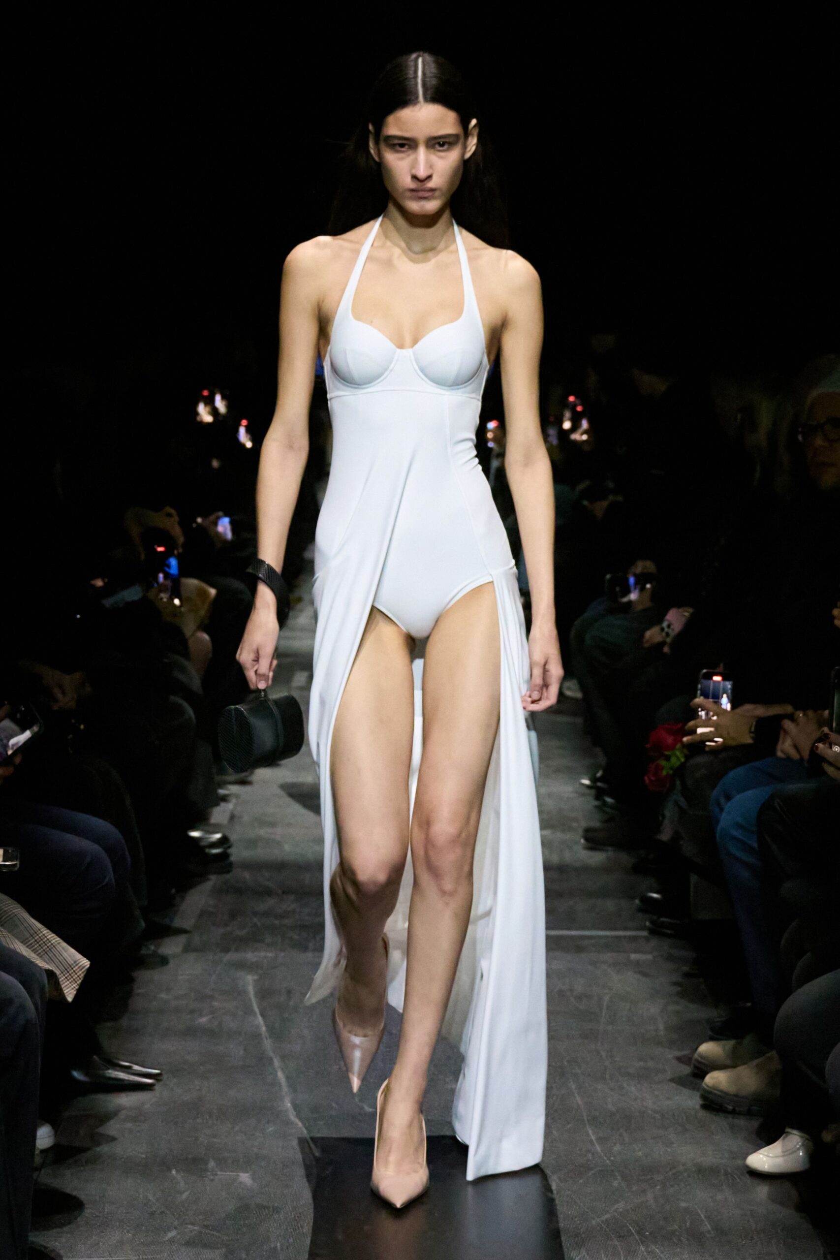 white neoprene swimsuit dress with heels
