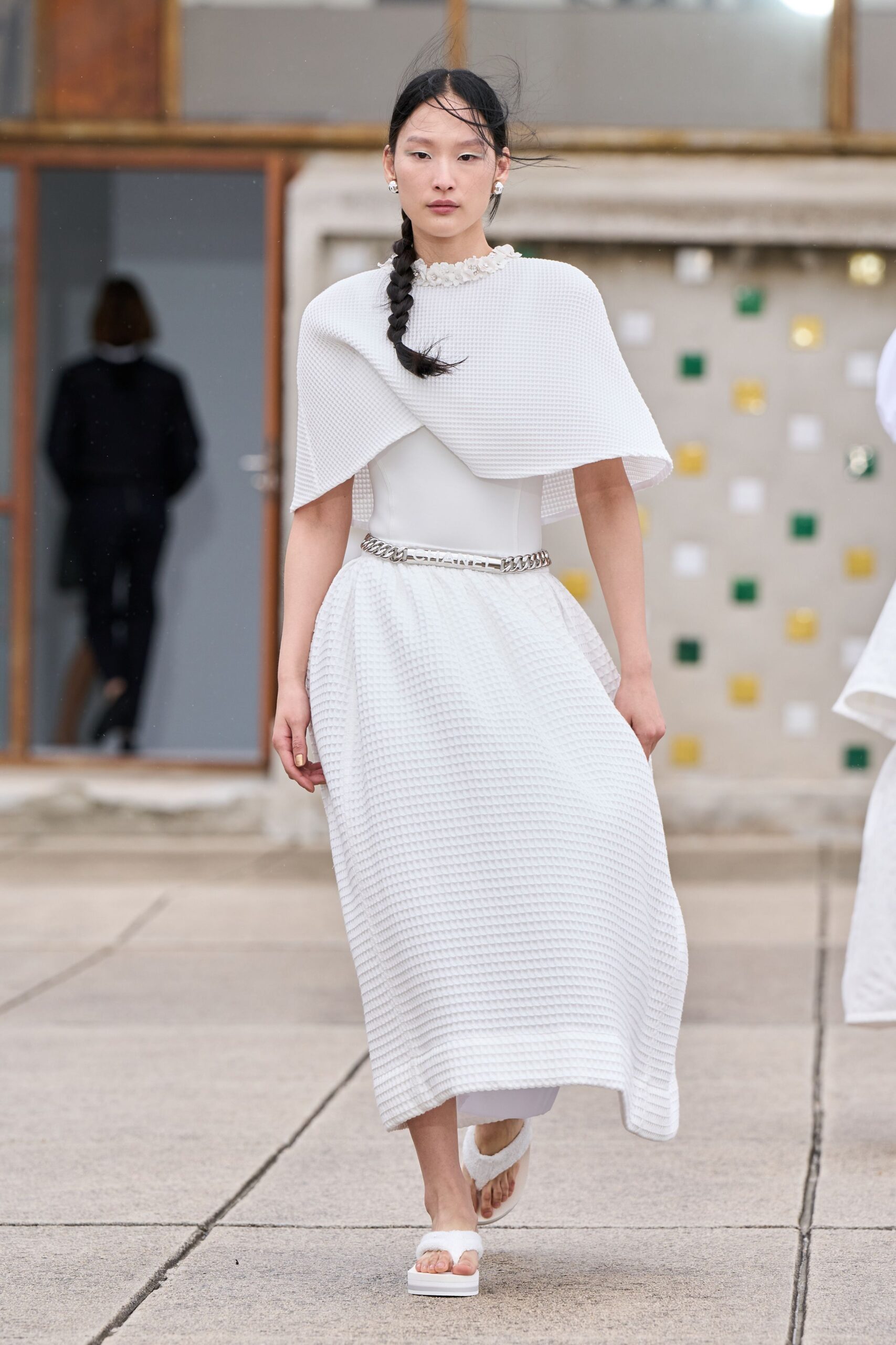 white cotton sleeveless high-neck fitted layered belted dress