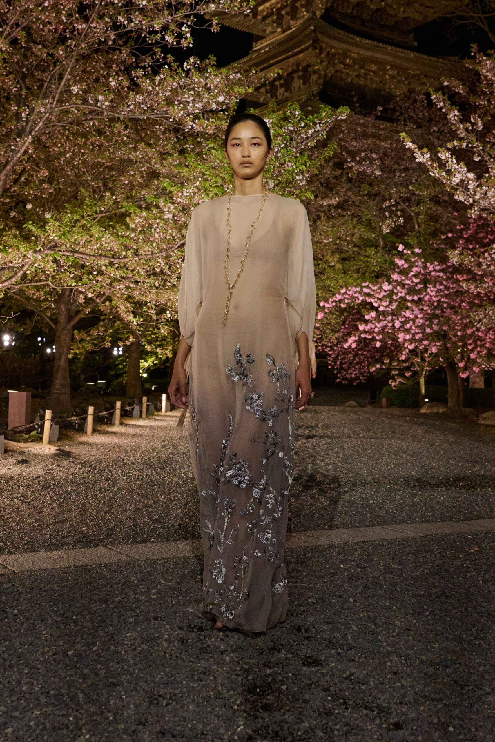 beige silk embroidered gown