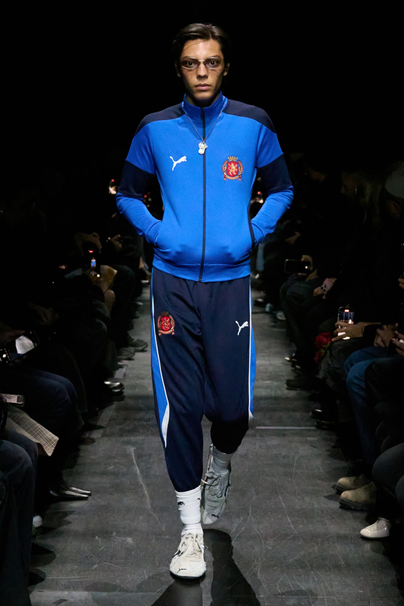 blue fitted jacket and pants