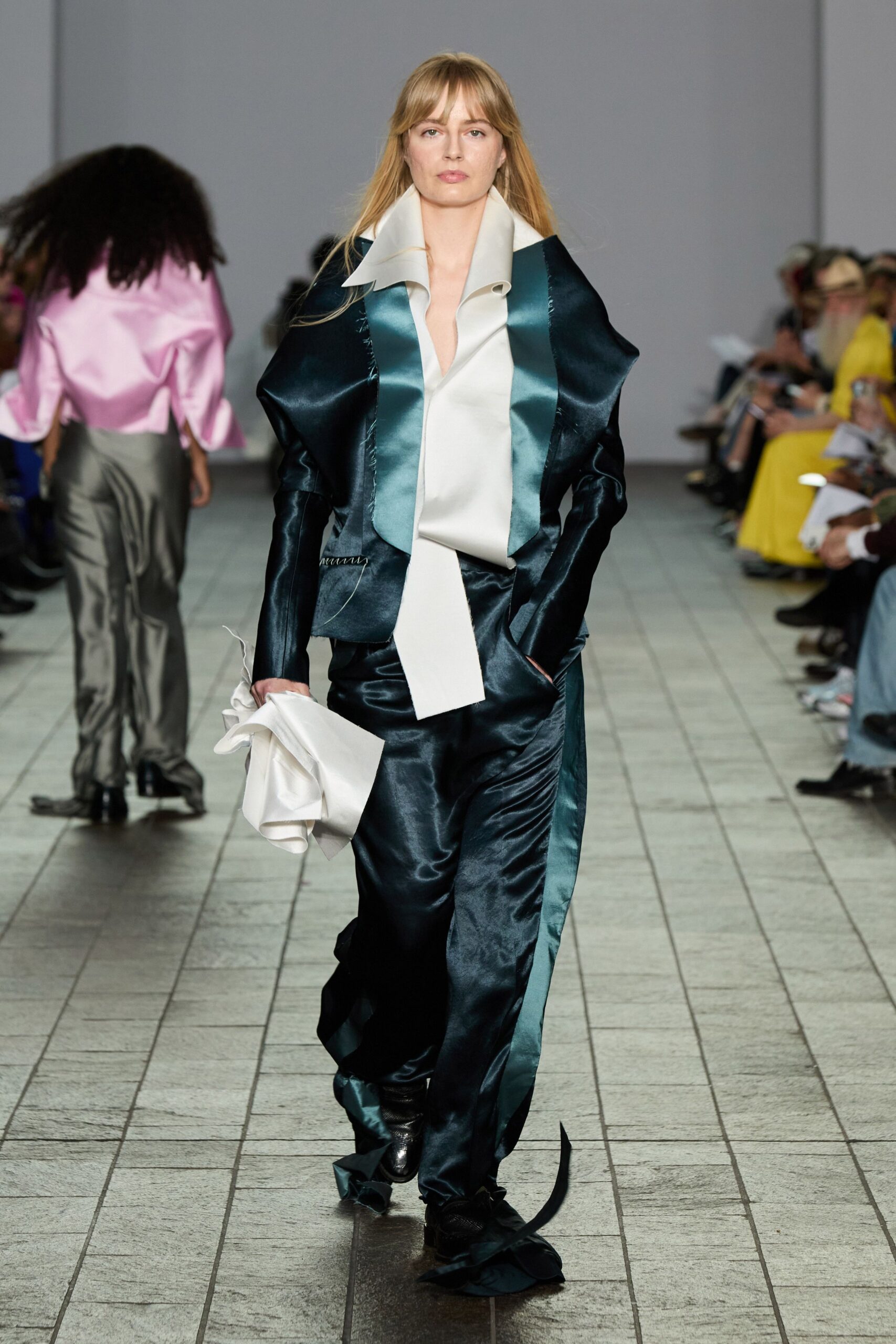 teal silk long-sleeve collared structured layered blazer