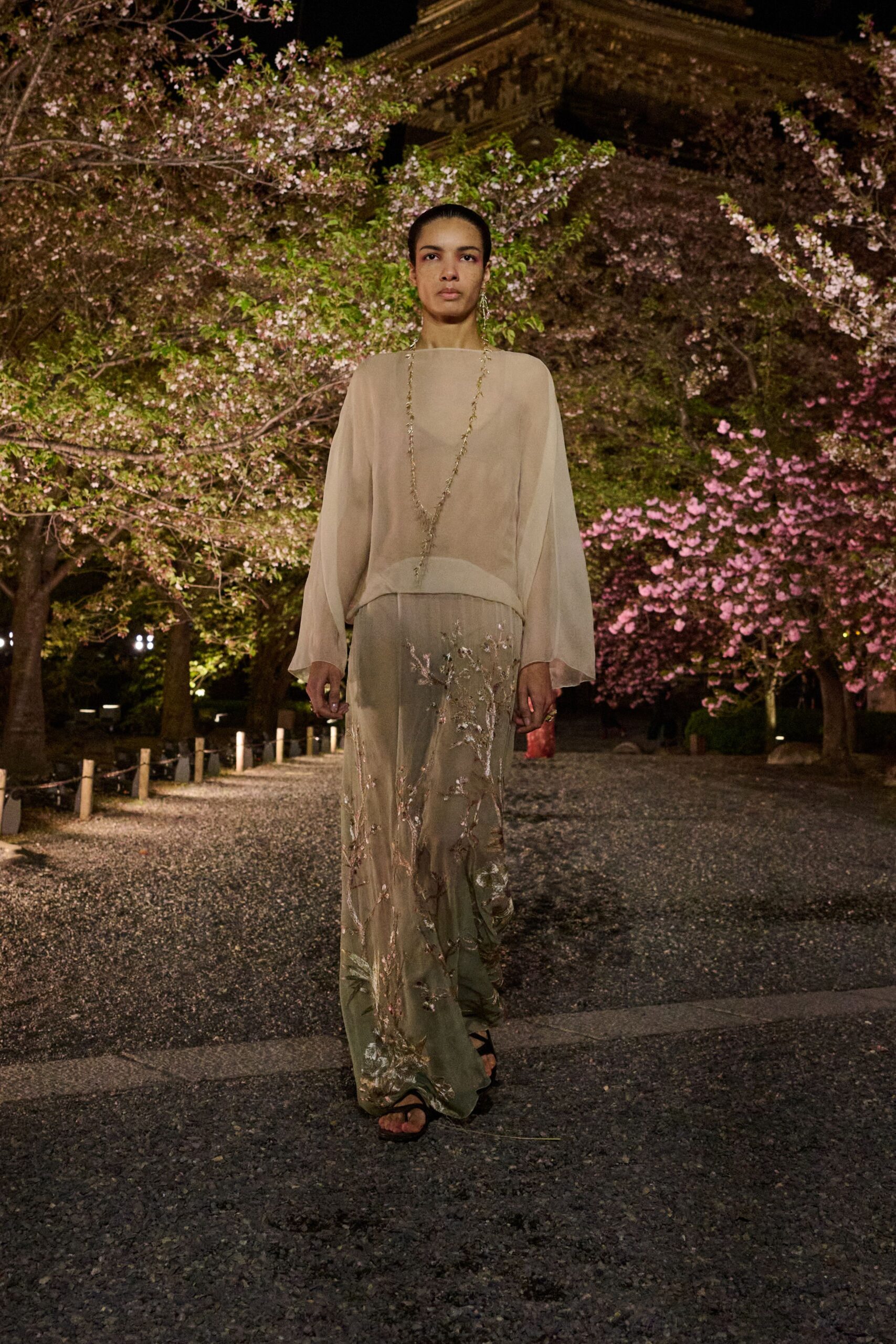 green silk long-sleeve high-neck fitted embroidered layered gown