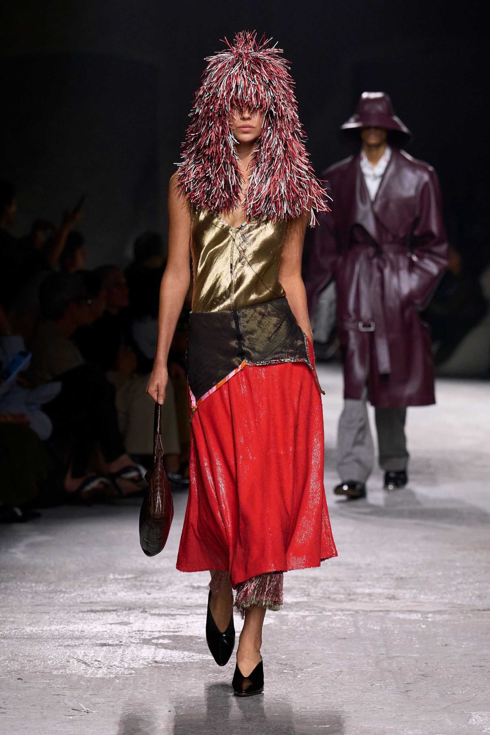 red silk sleeveless v-neck fitted layered pleated dress