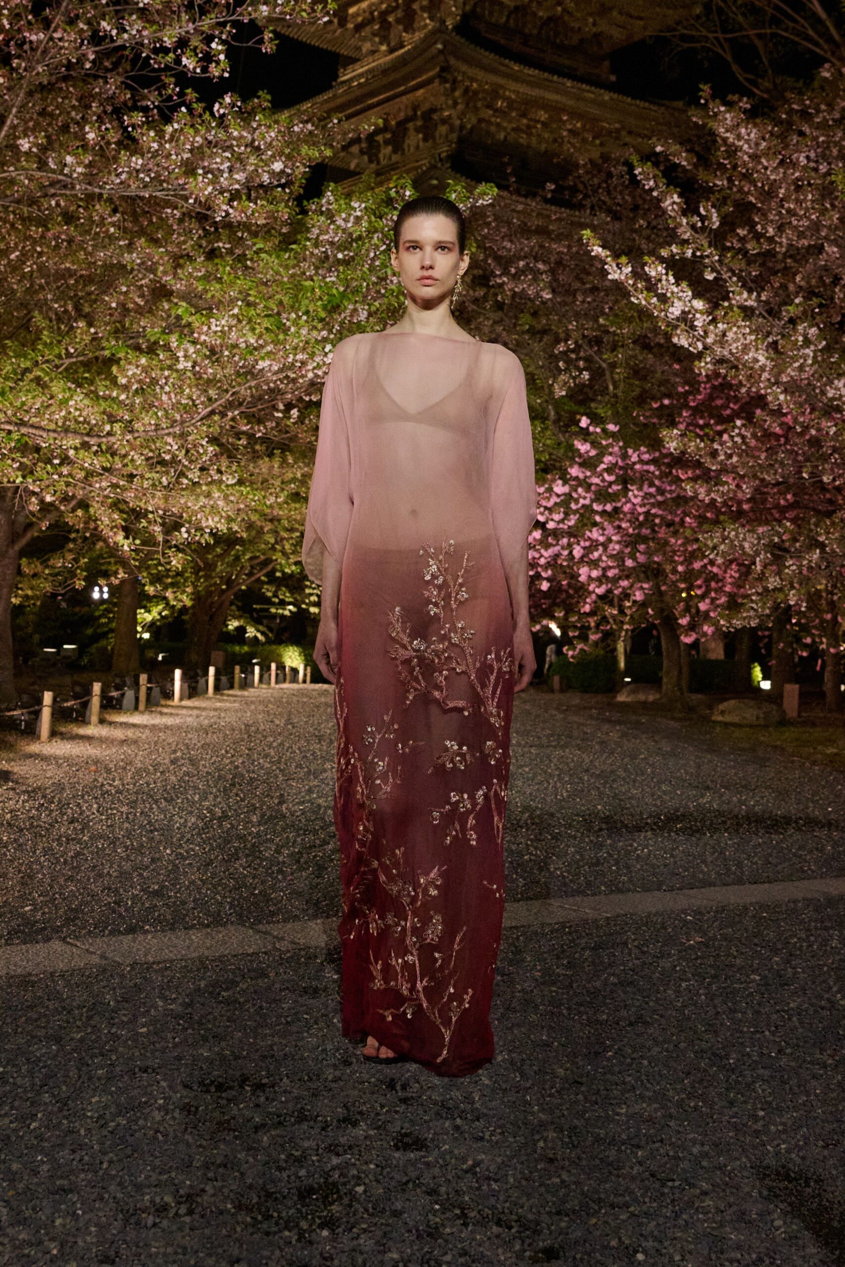 pink red embroidered sheer gown