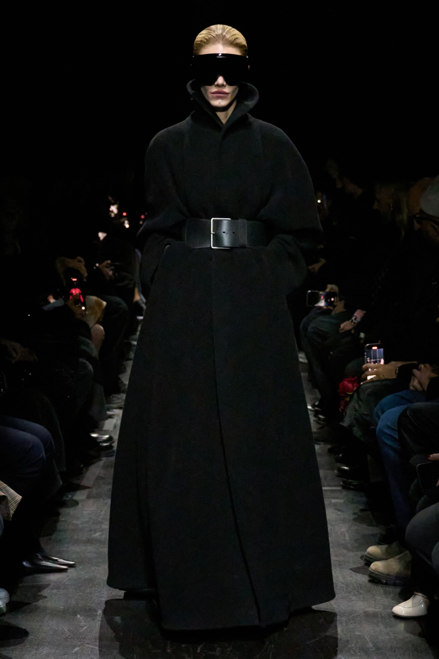 black wool long-sleeve collared fitted belted maxi coat