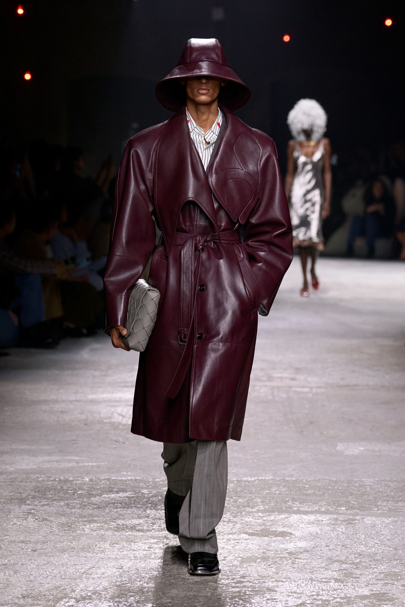 maroon leather long-sleeve collared relaxed belted coat