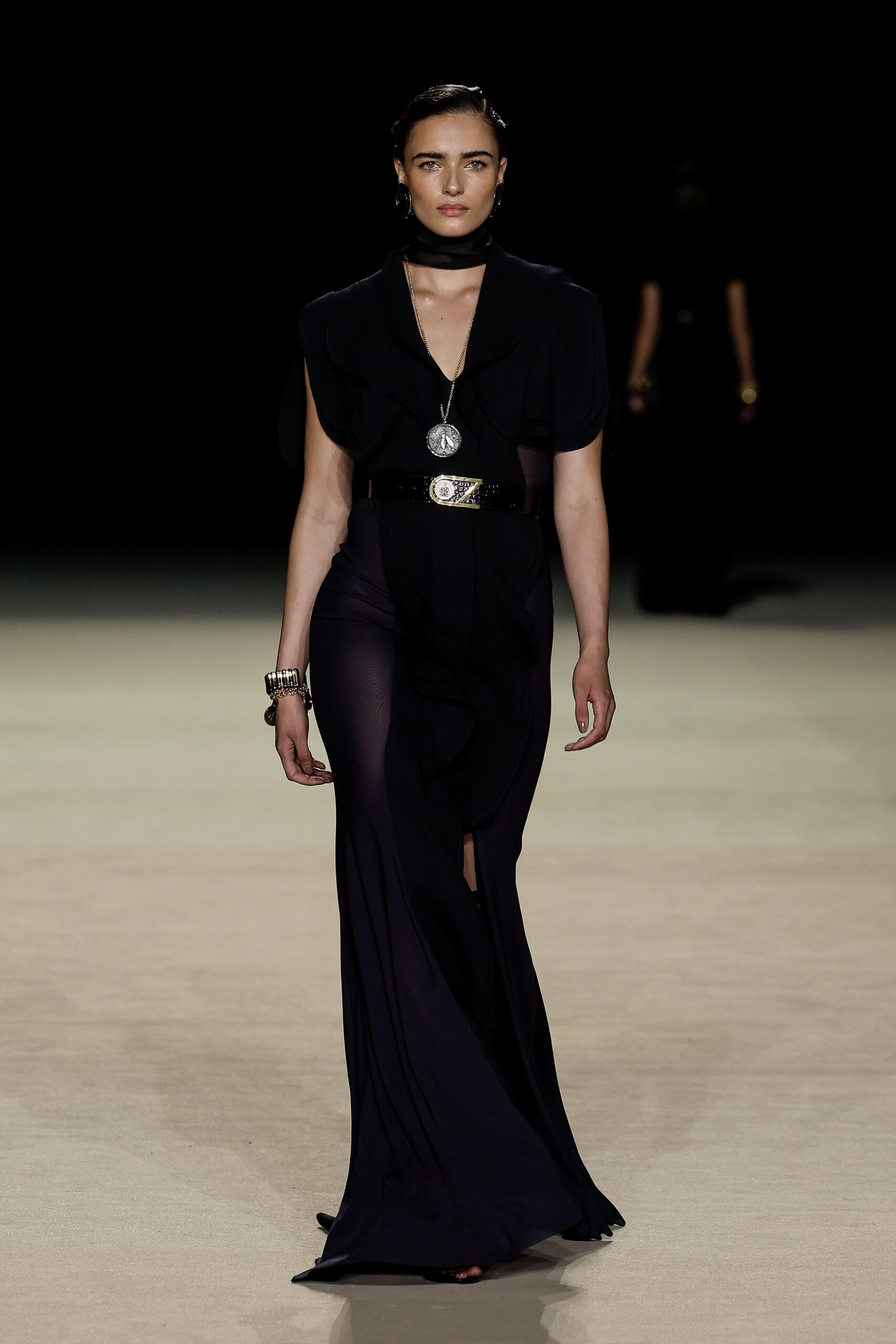 black silk fitted gown with belt