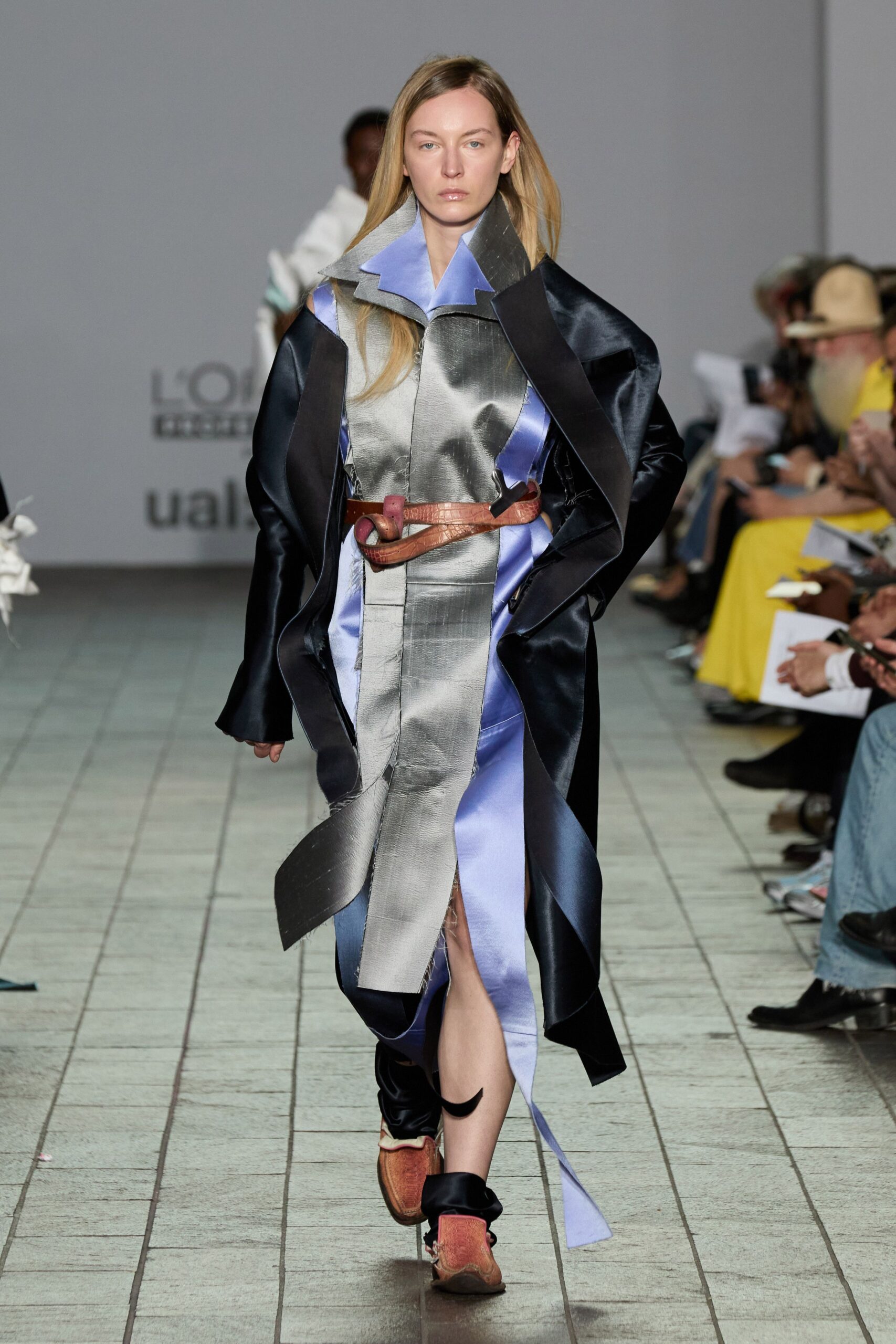 blue silk long-sleeve v-neck fitted layered belted dress