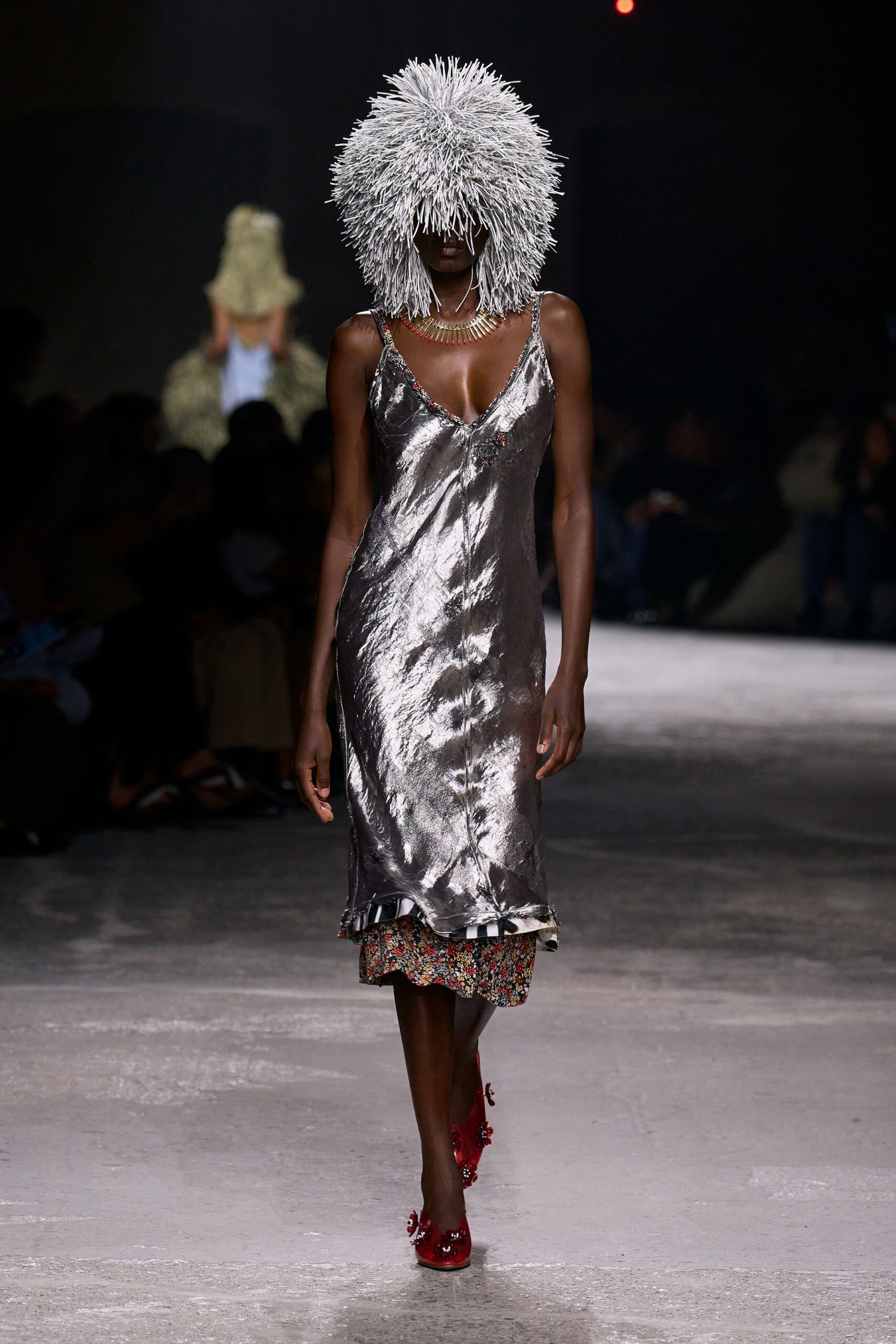 silver silk fitted midi dress