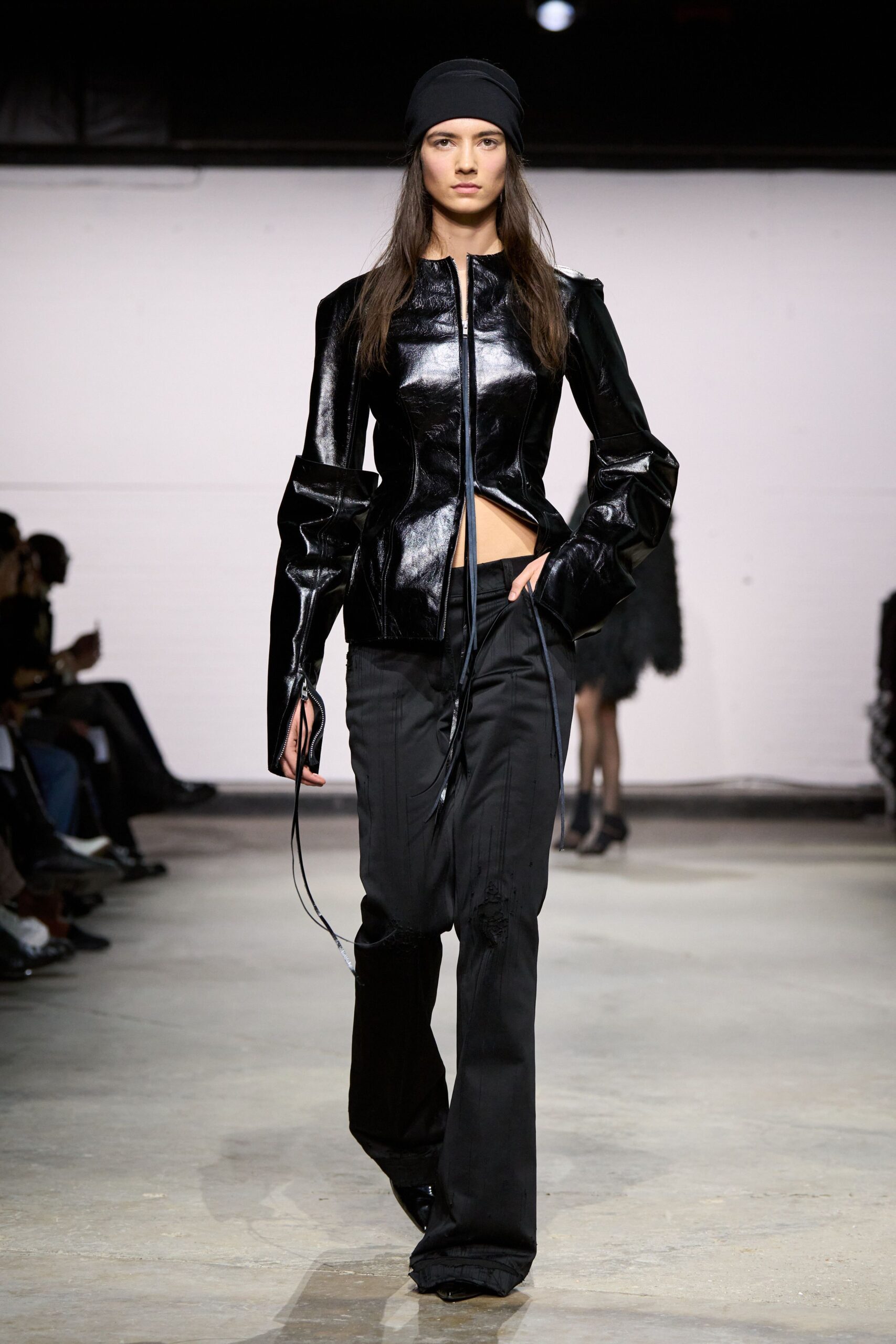 black leather long-sleeve collared fitted zippered draped jacket
