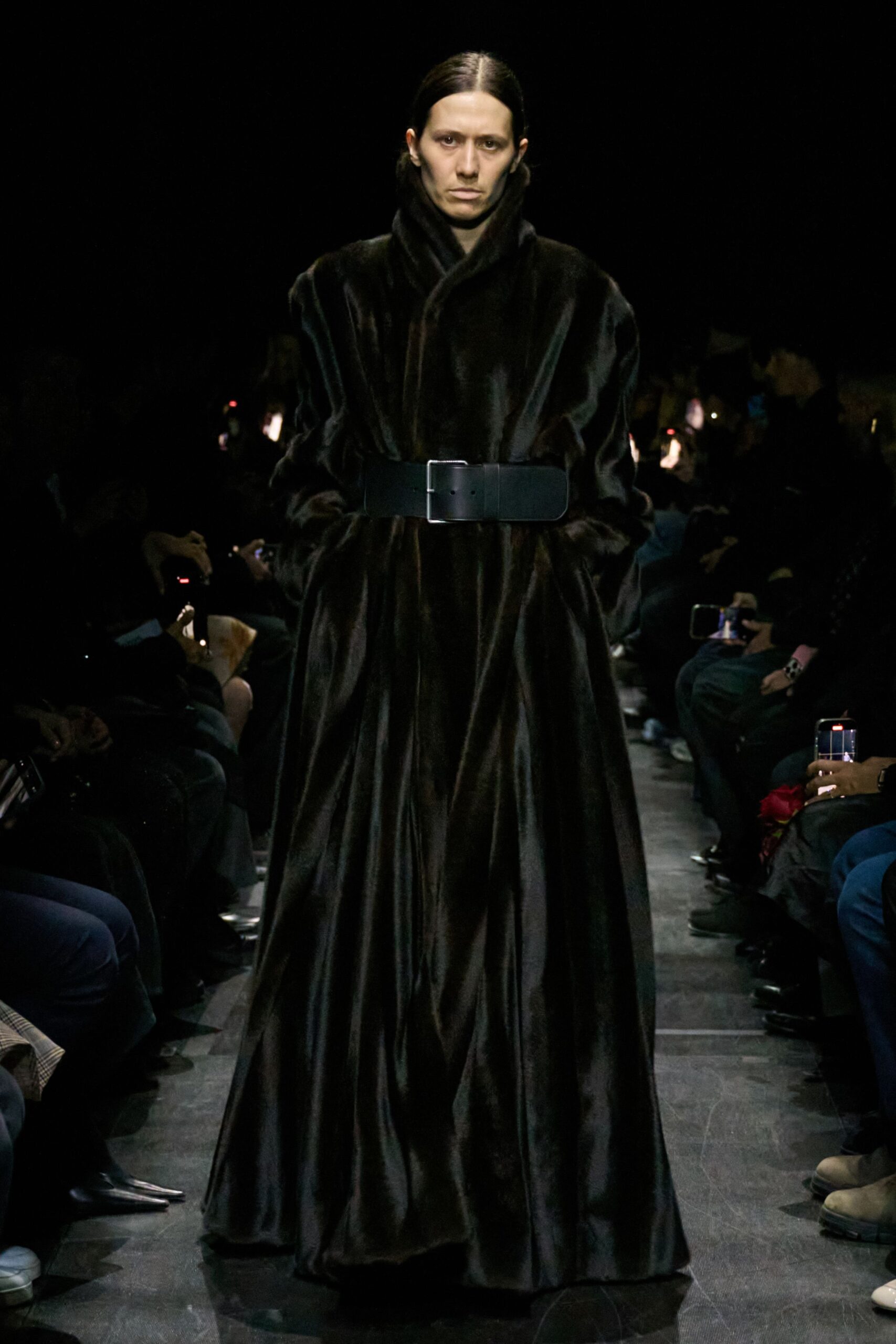 black faux-fur belted coat