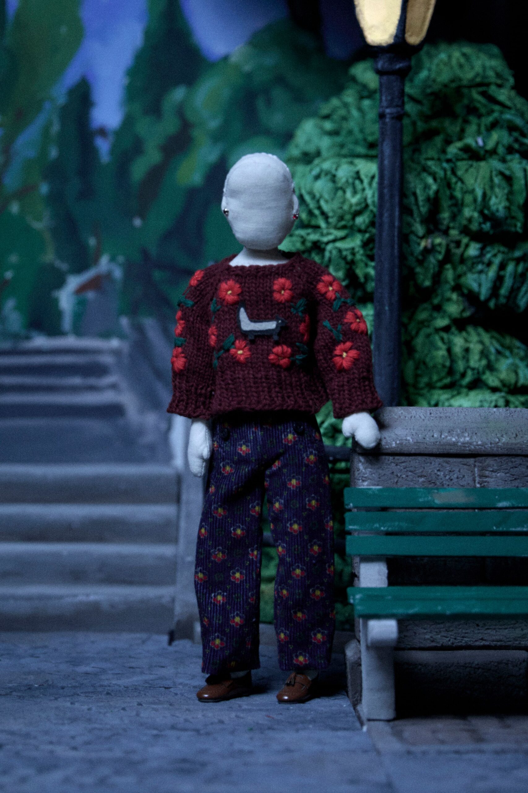 red wool long-sleeve relaxed embroidered sweater