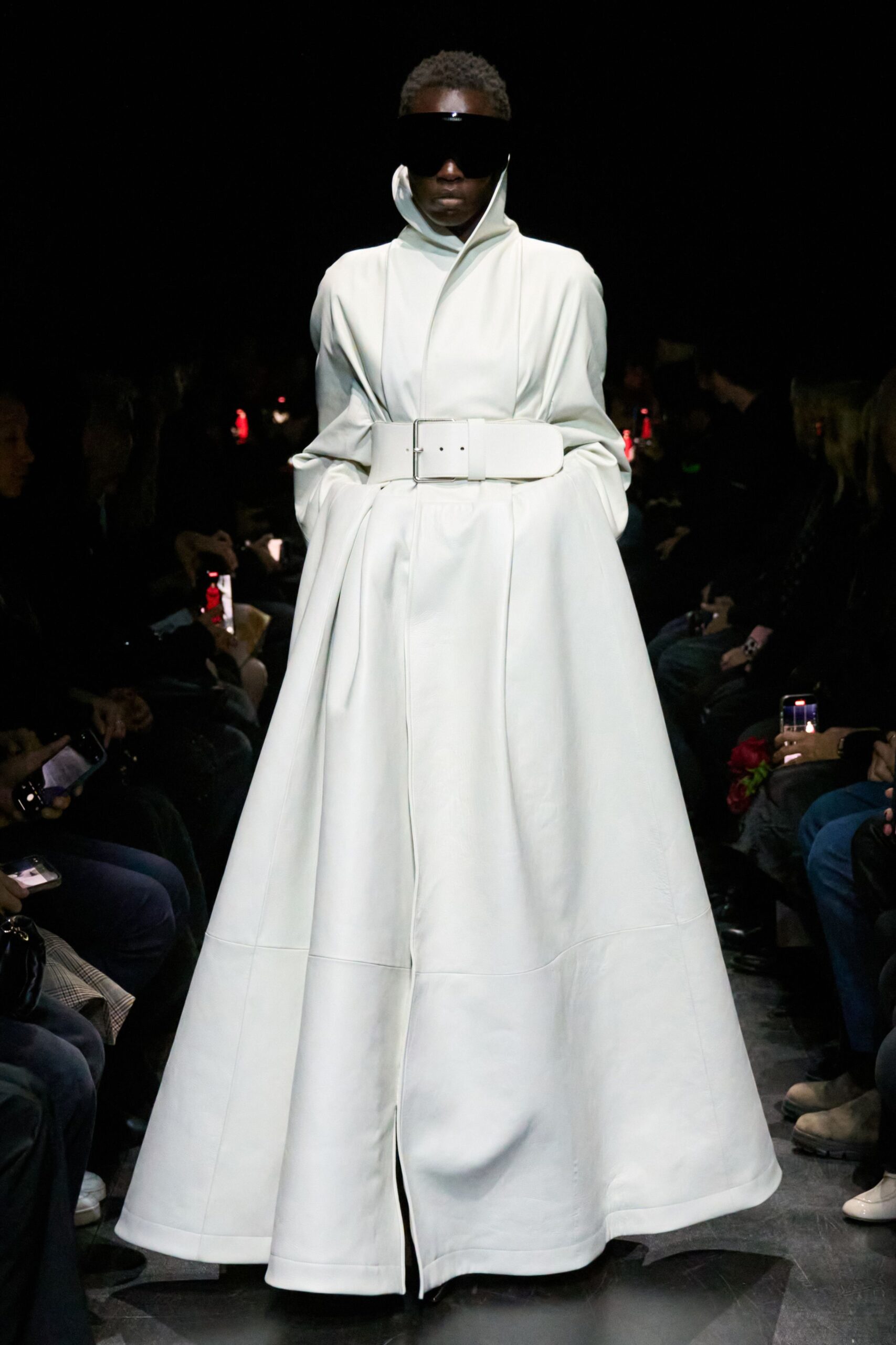 white leather long-sleeve collared fitted belted a-line coat