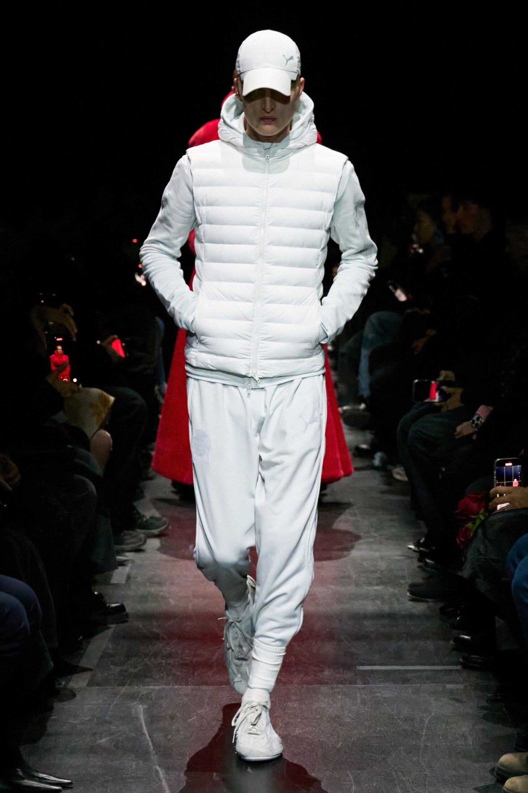 white padded vest with hoodie