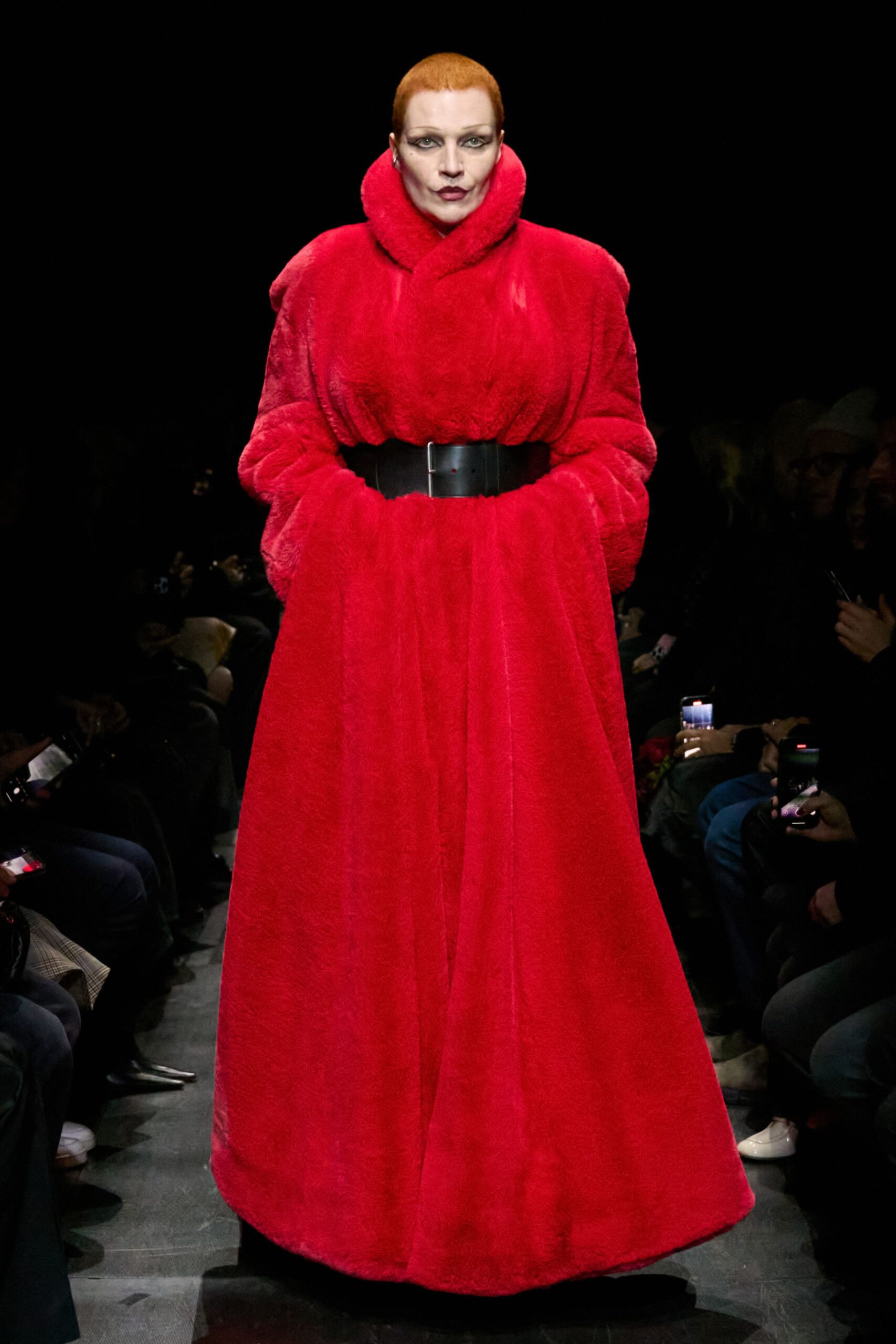 red faux-fur long-sleeve collared relaxed belted maxi coat