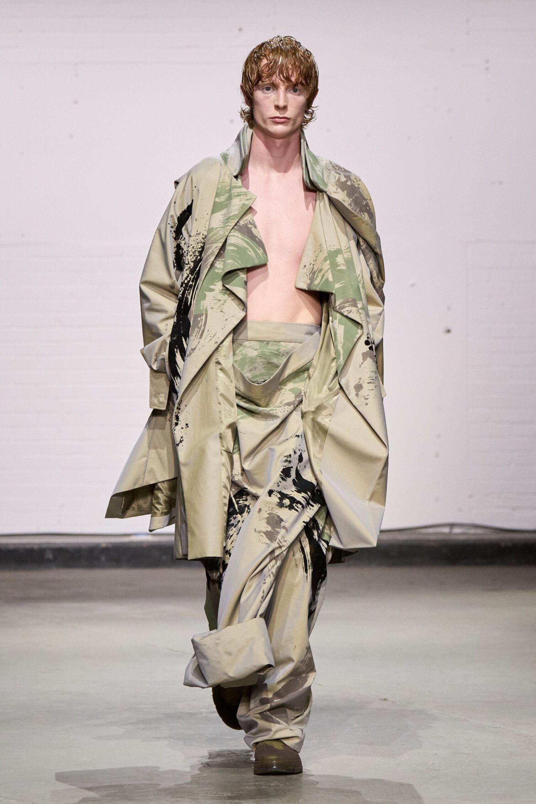 beige green printed trench and pants