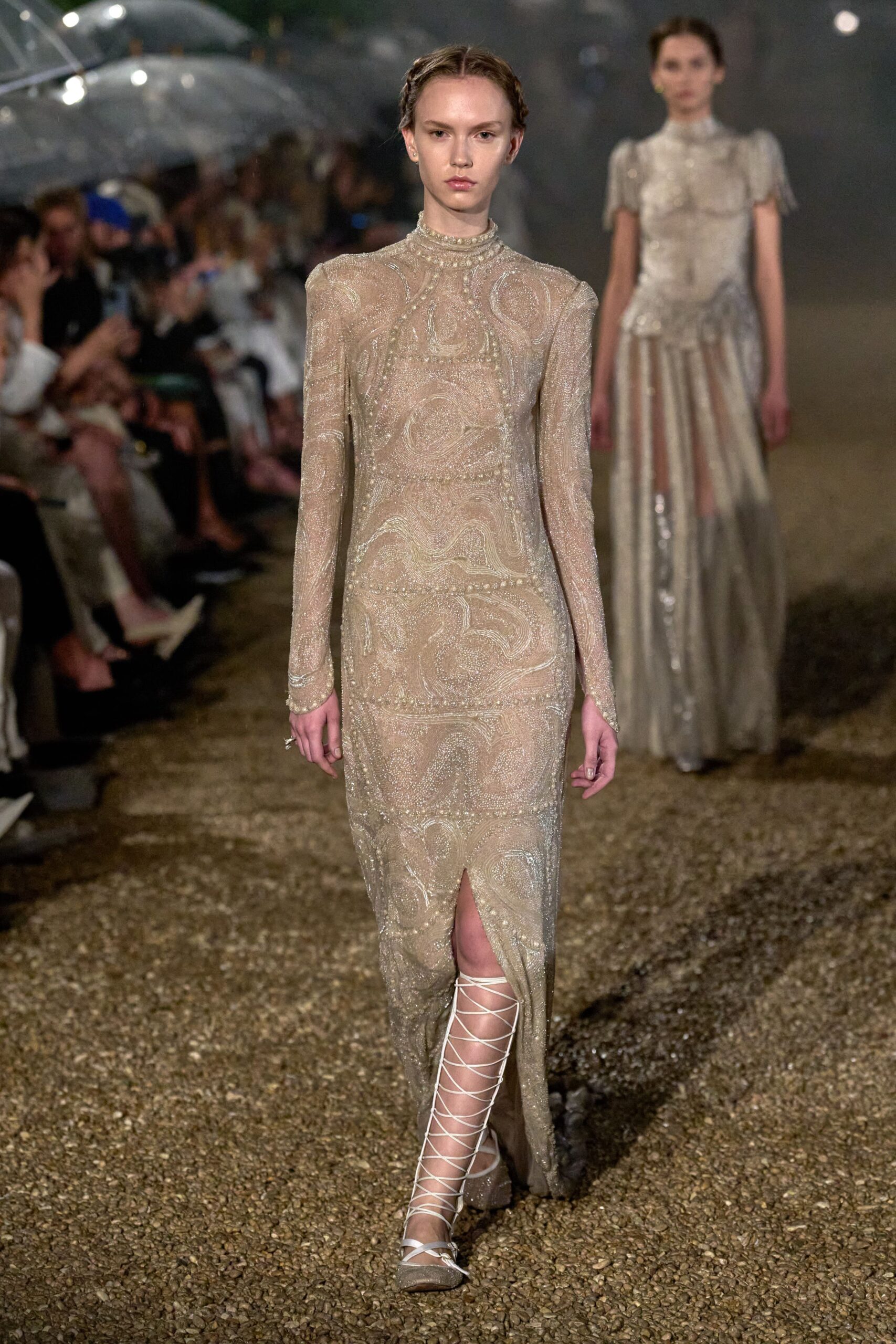 gold silk long-sleeve v-neck fitted embroidered sheer gown