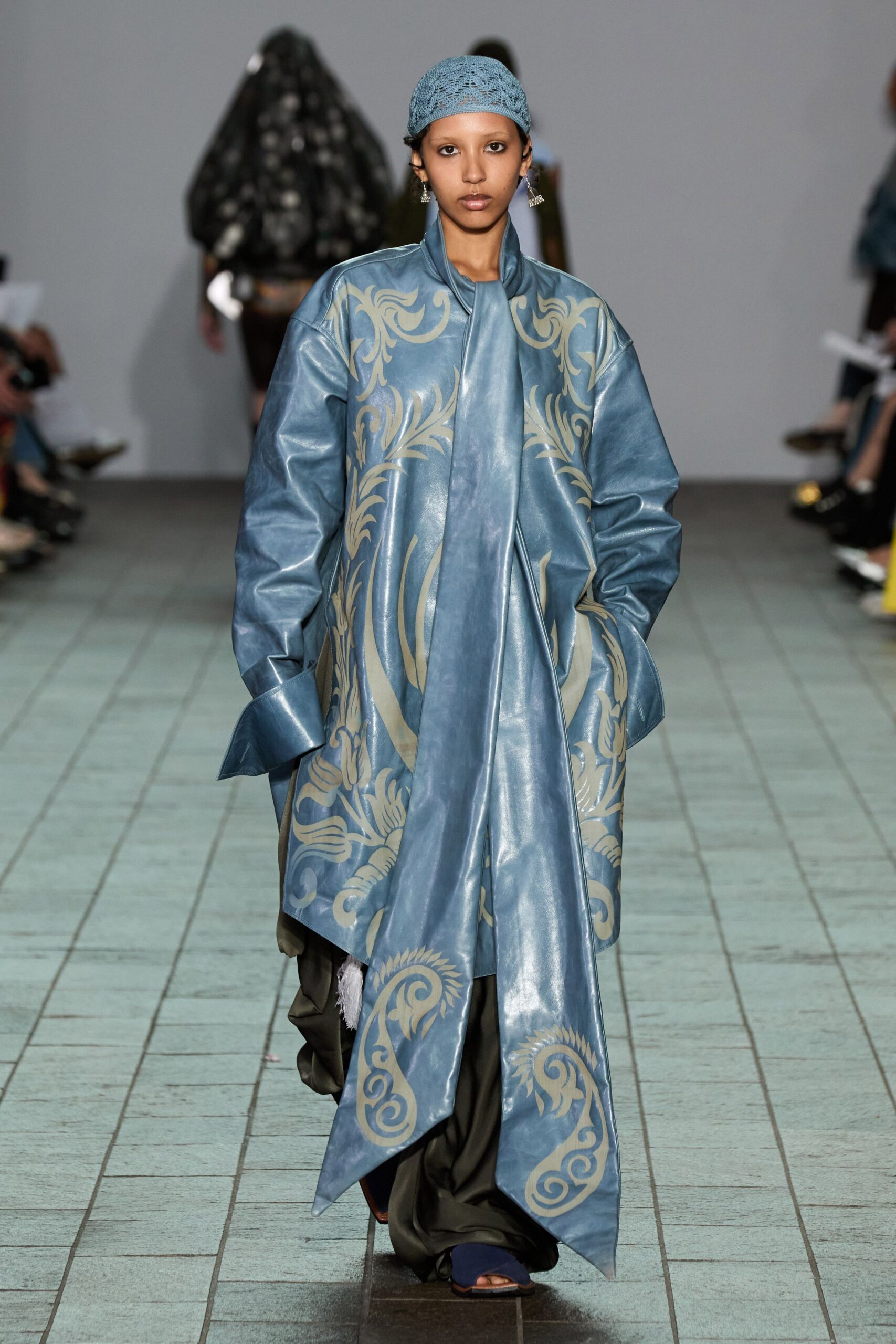 blue leather embroidered coat