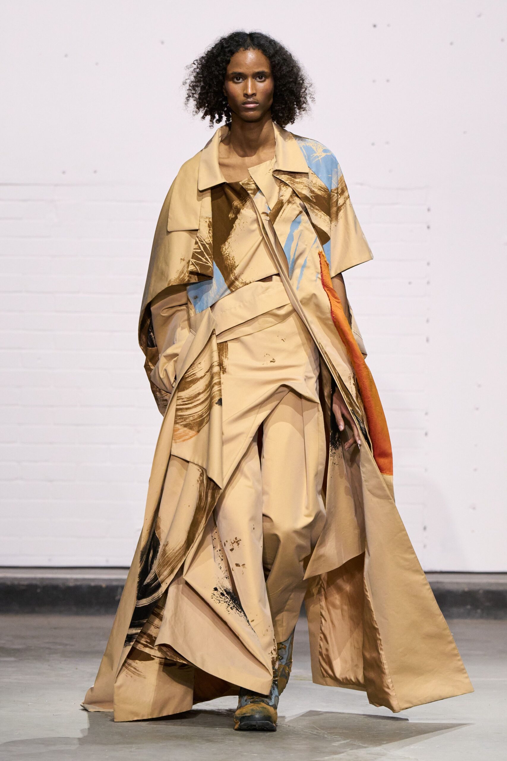 beige silk long-sleeve collared relaxed draped printed coat