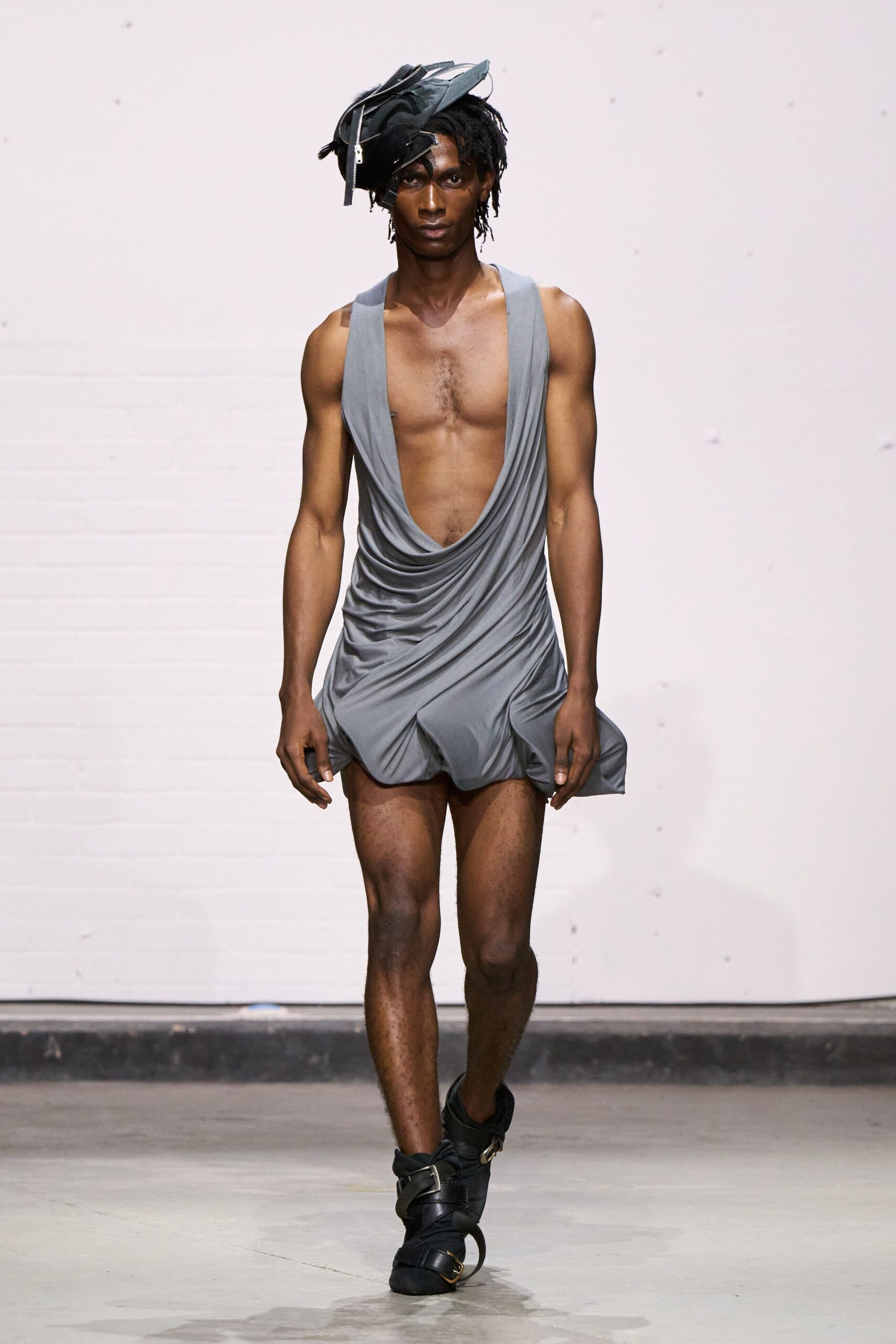 gray cotton sleeveless v-neck fitted draped mini dress