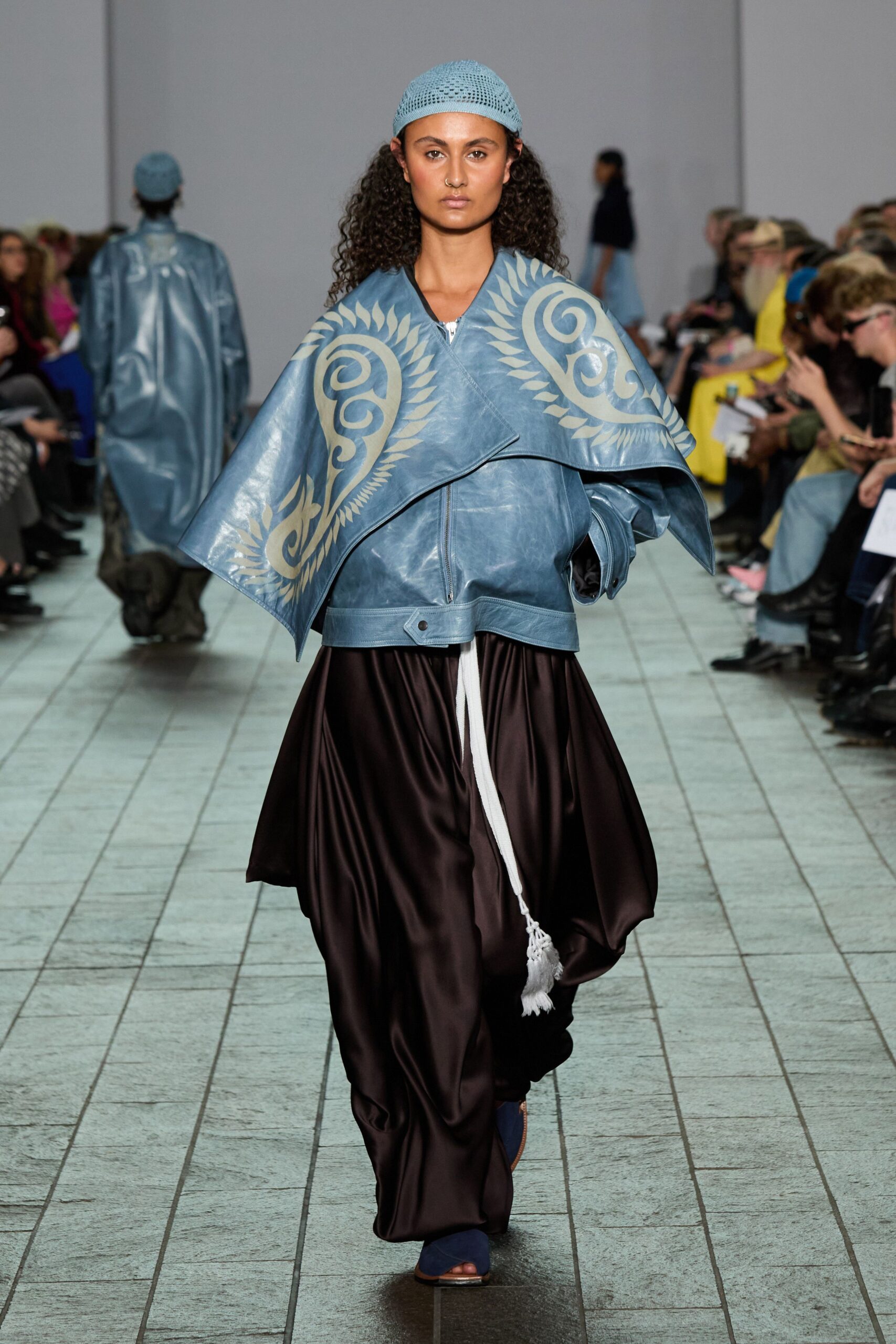 blue leather jacket black maxi skirt