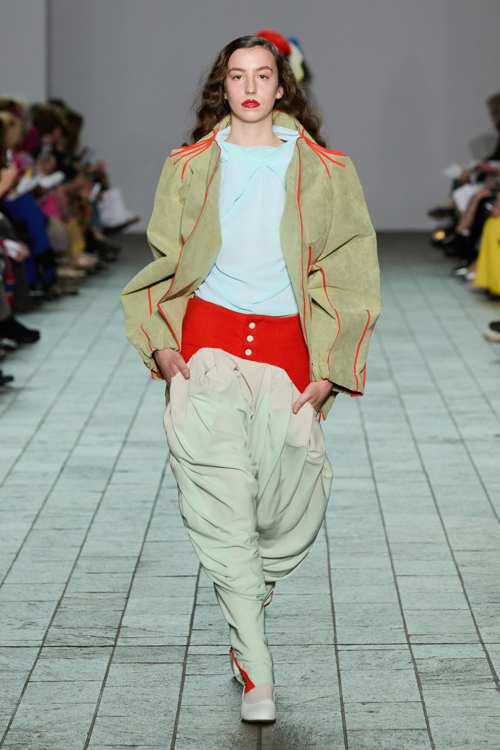 oversized beige jacket with blue top