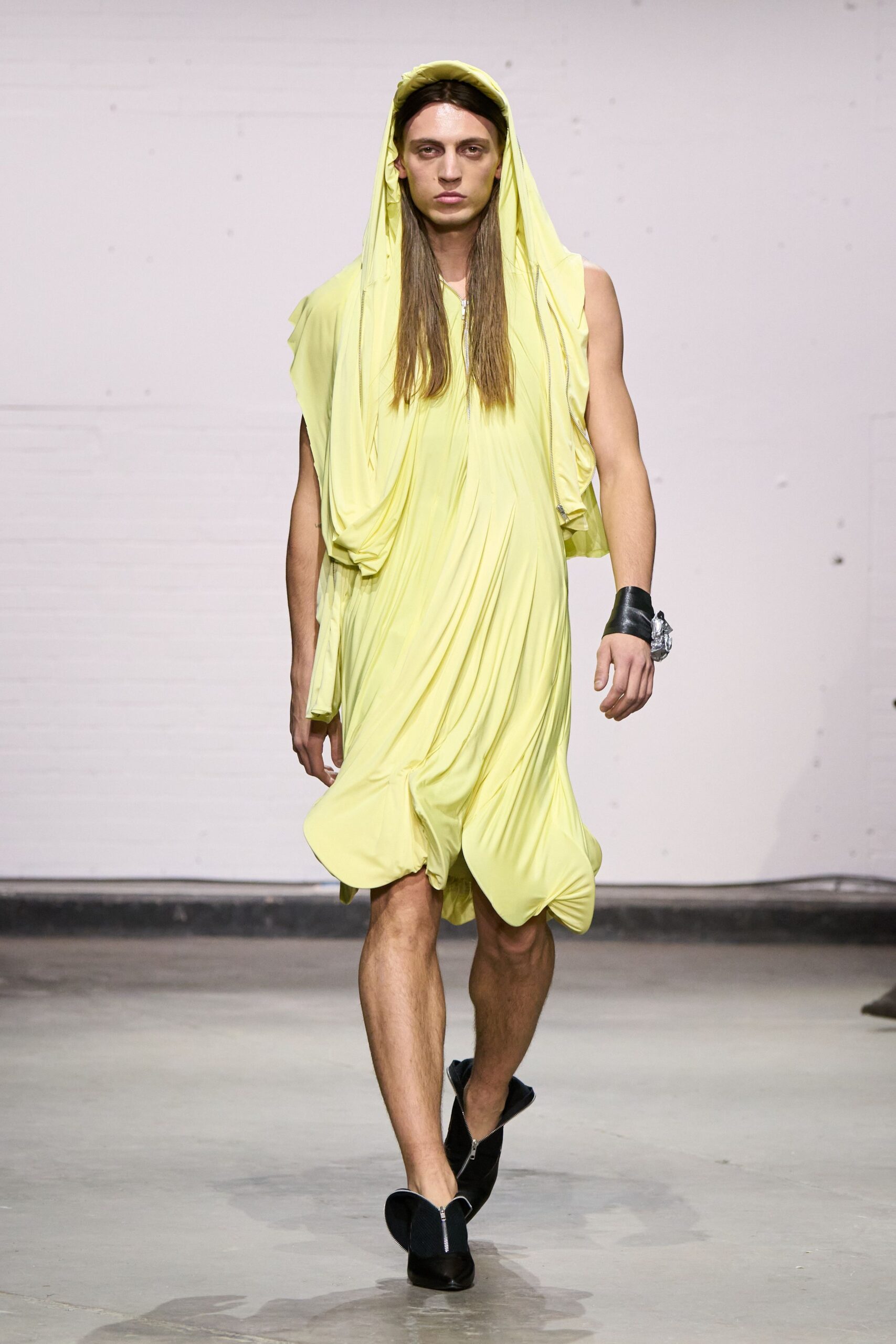 yellow cotton sleeveless hooded relaxed draped short dress