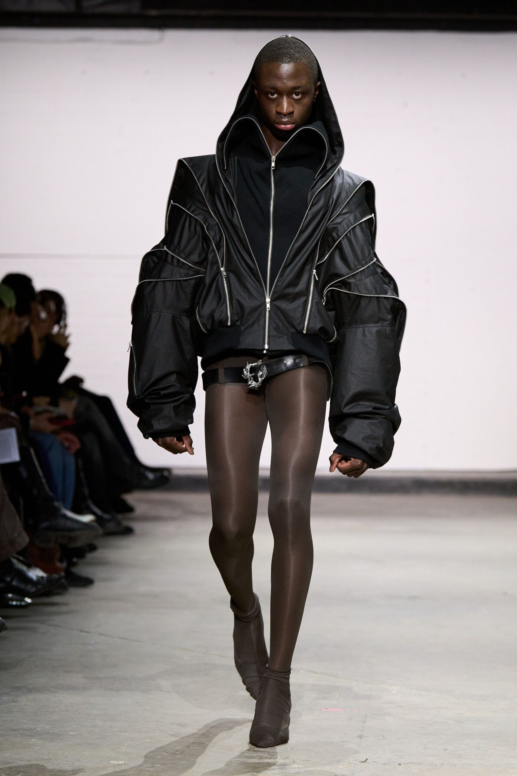 black leather long-sleeve hooded oversized zippered layered jacket