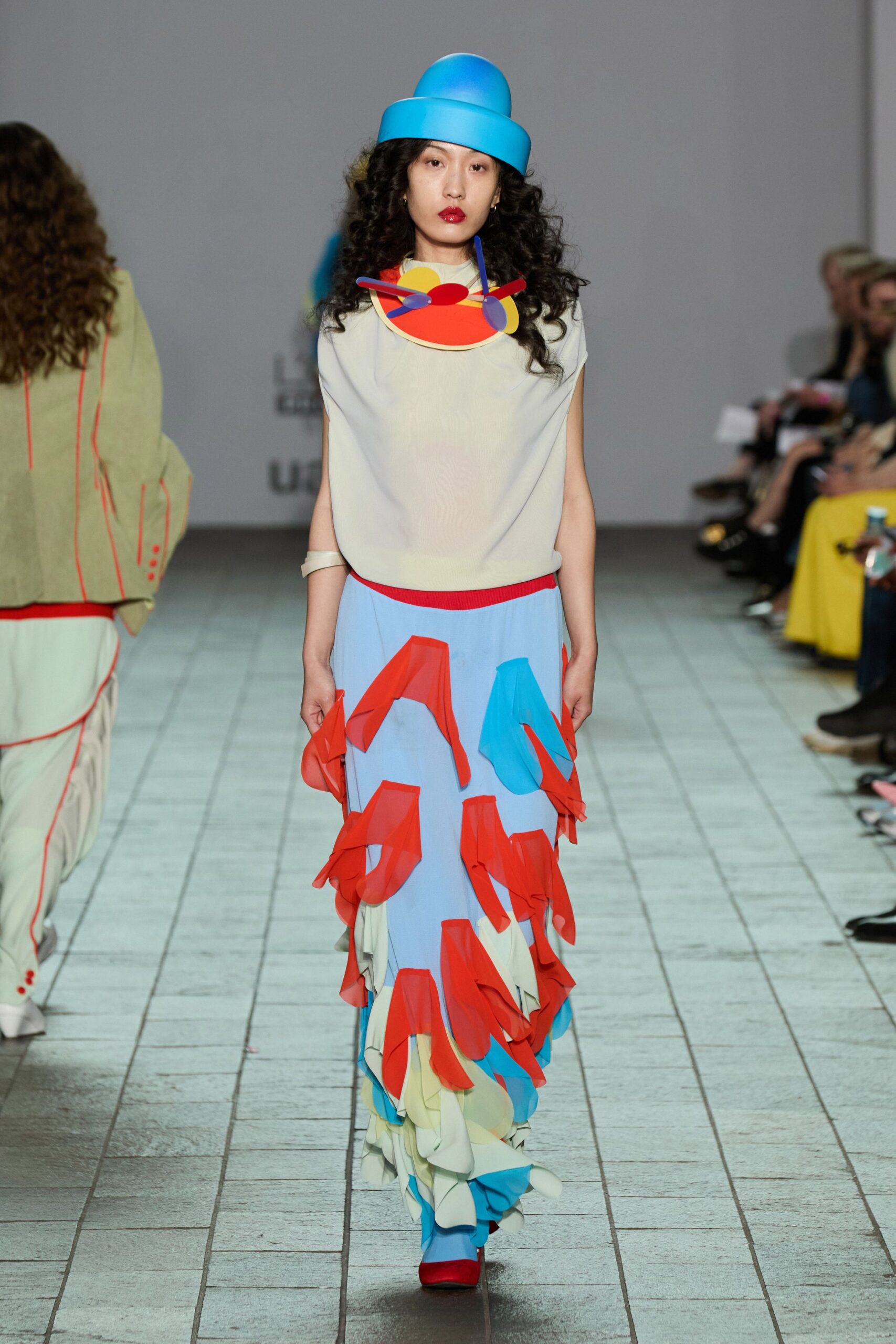 colorful ruffled maxi dress with hat