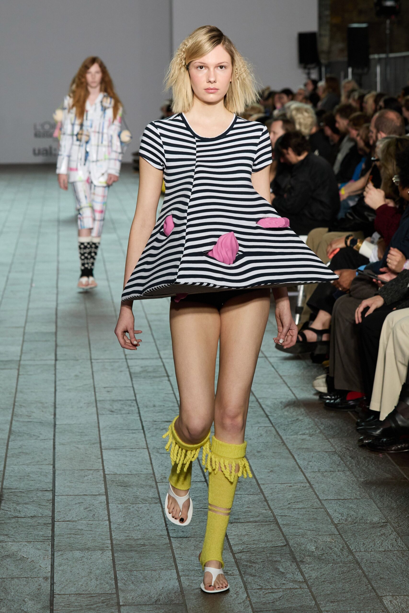 striped mini dress with fringed socks