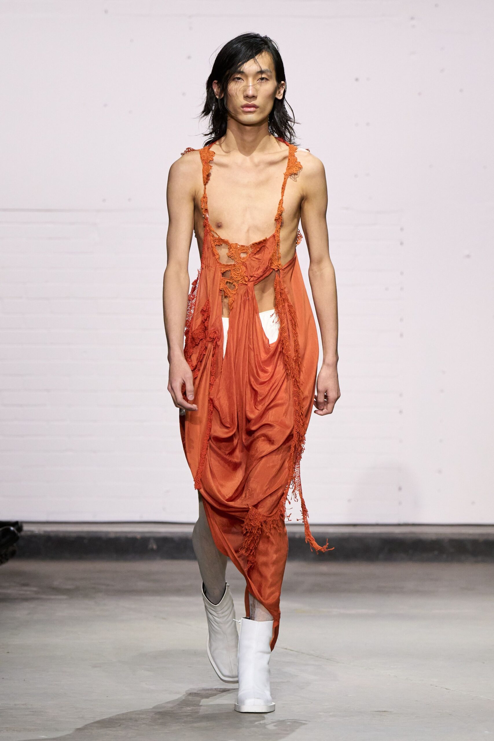 fitted orange silk dress with fringes