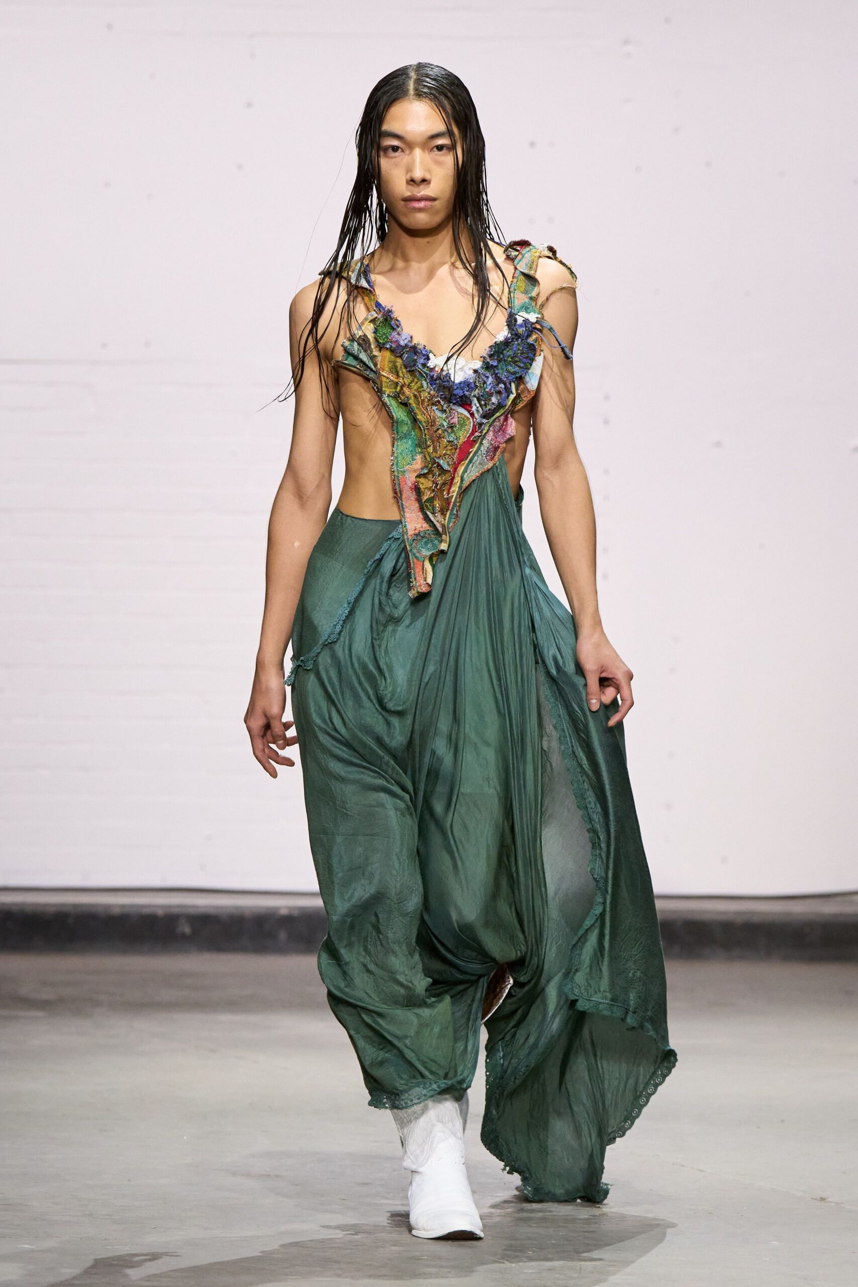 green silk sleeveless v-neck relaxed draped layered dress
