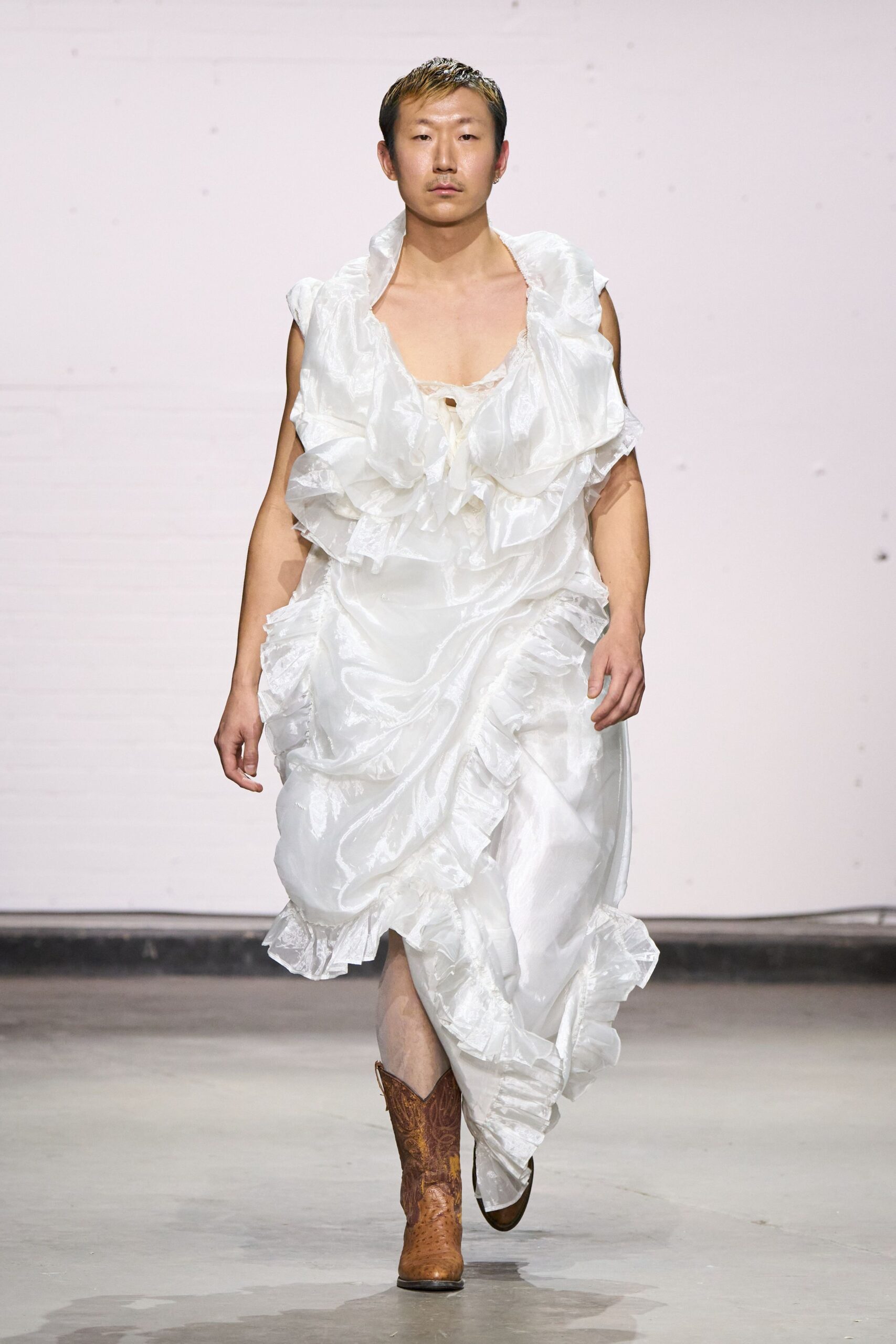 white ruffled maxi dress with brown boots