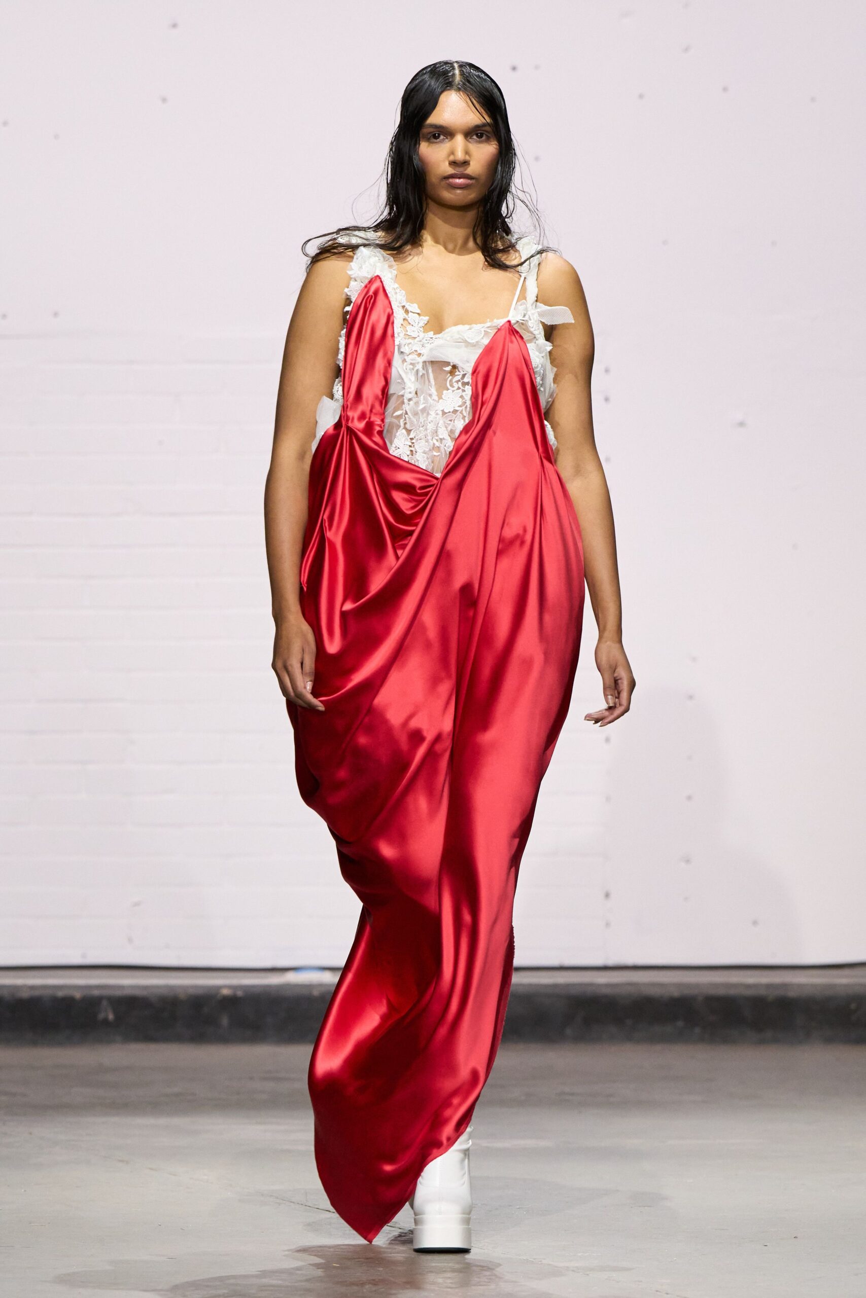red silk sleeveless v-neck relaxed draped flowing dress
