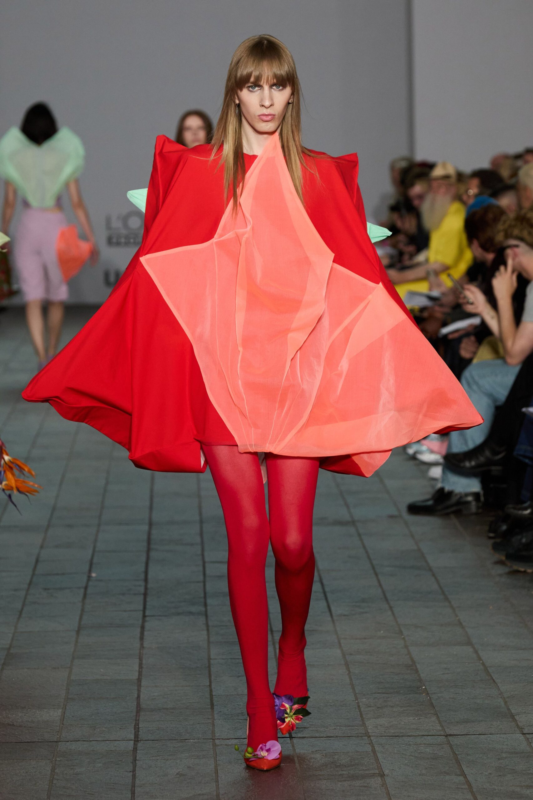 red tulle sleeveless v-neck fitted draped flowing dress