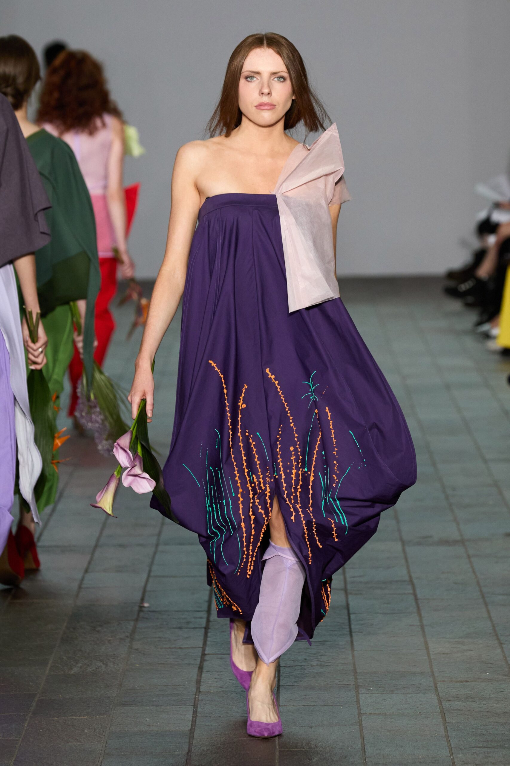 purple silk strapless asymmetric fitted embroidered draped gown