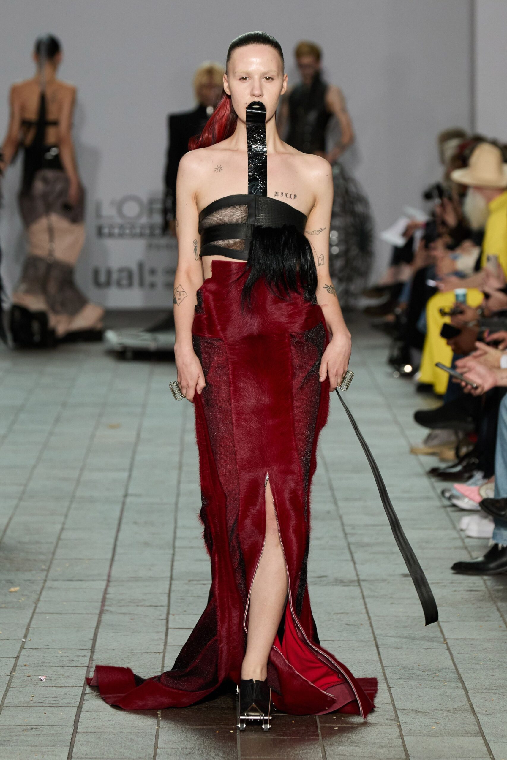 red silk strapless slit fitted draped maxi gown