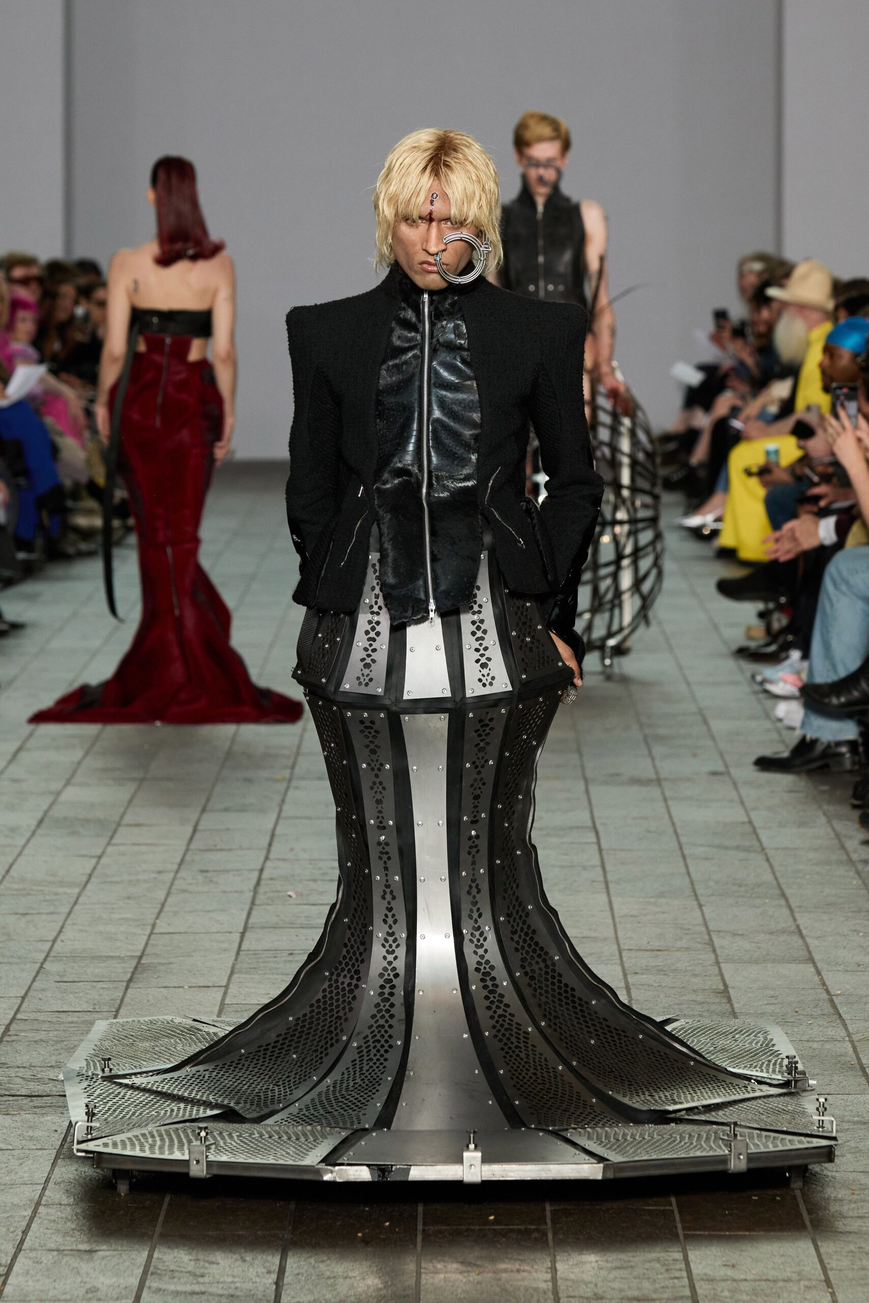 black metallic fitted flared maxi gown
