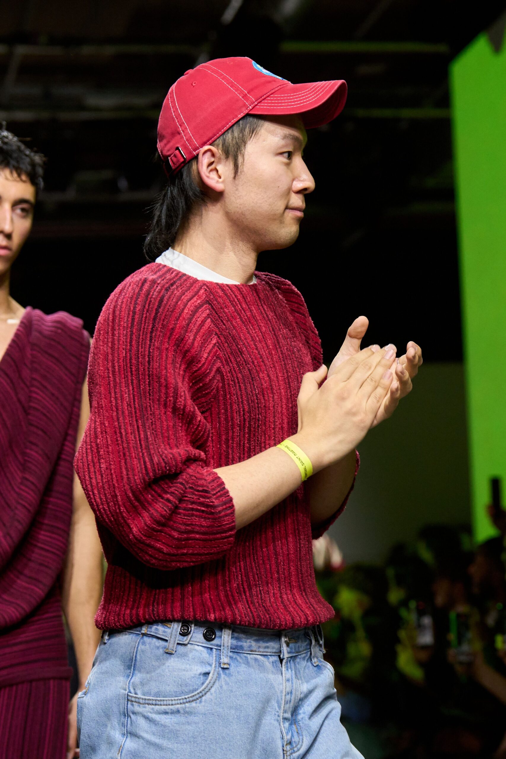 red relaxed sweater with jeans
