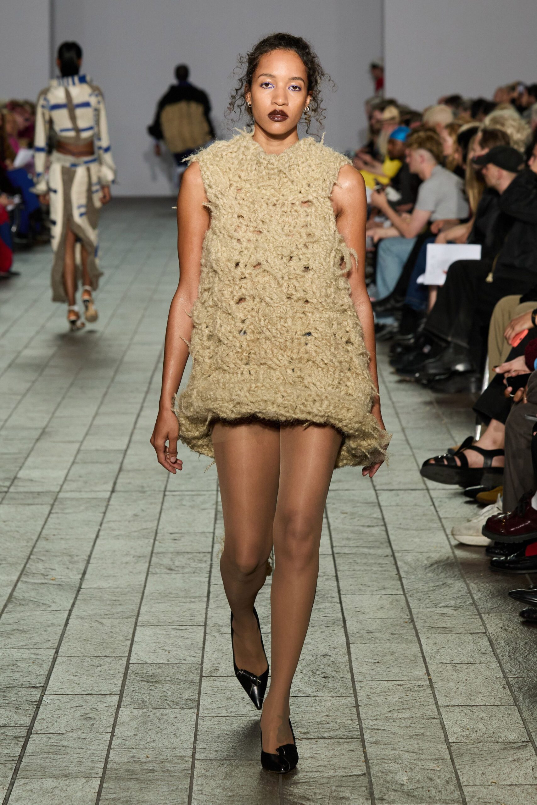 beige wool sleeveless relaxed textured mini dress
