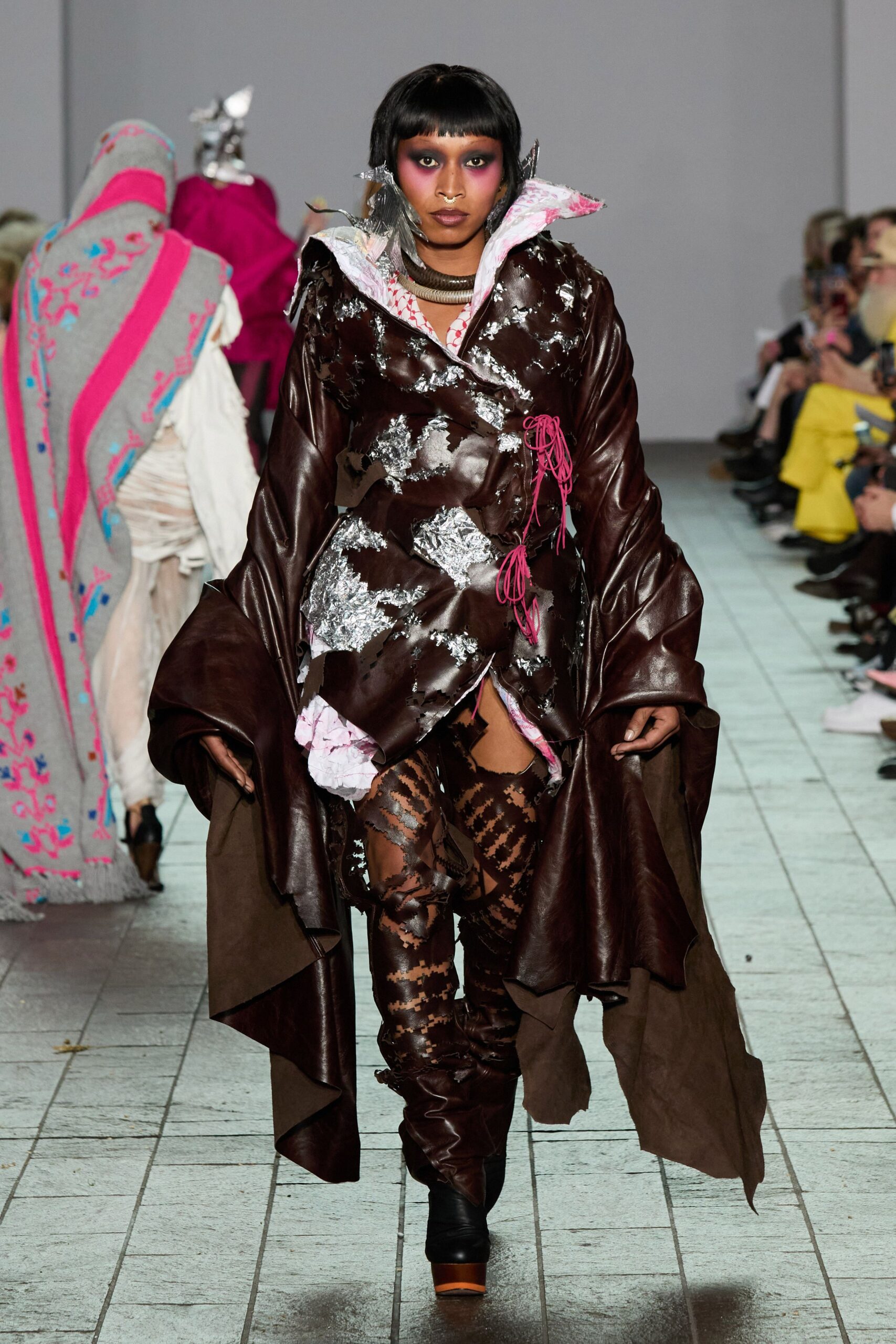 brown leather long-sleeve collared relaxed layered draped coat