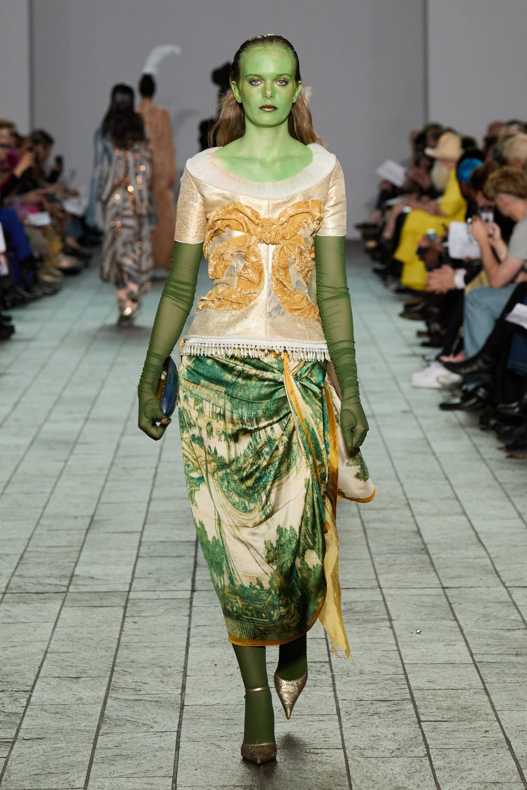 green silk fitted printed tiered midi skirt