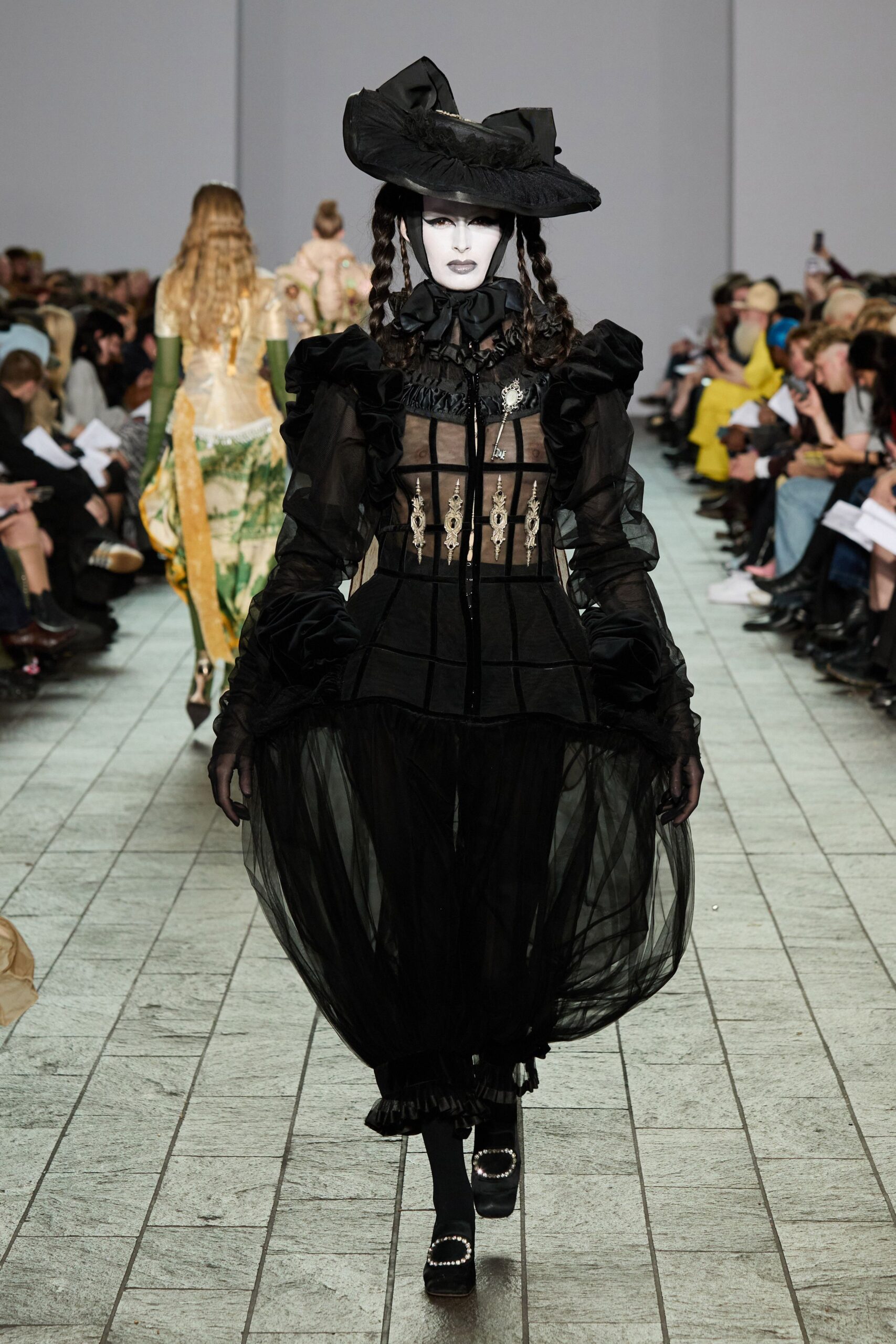 black tulle long-sleeve collared fitted ruffled layered dress